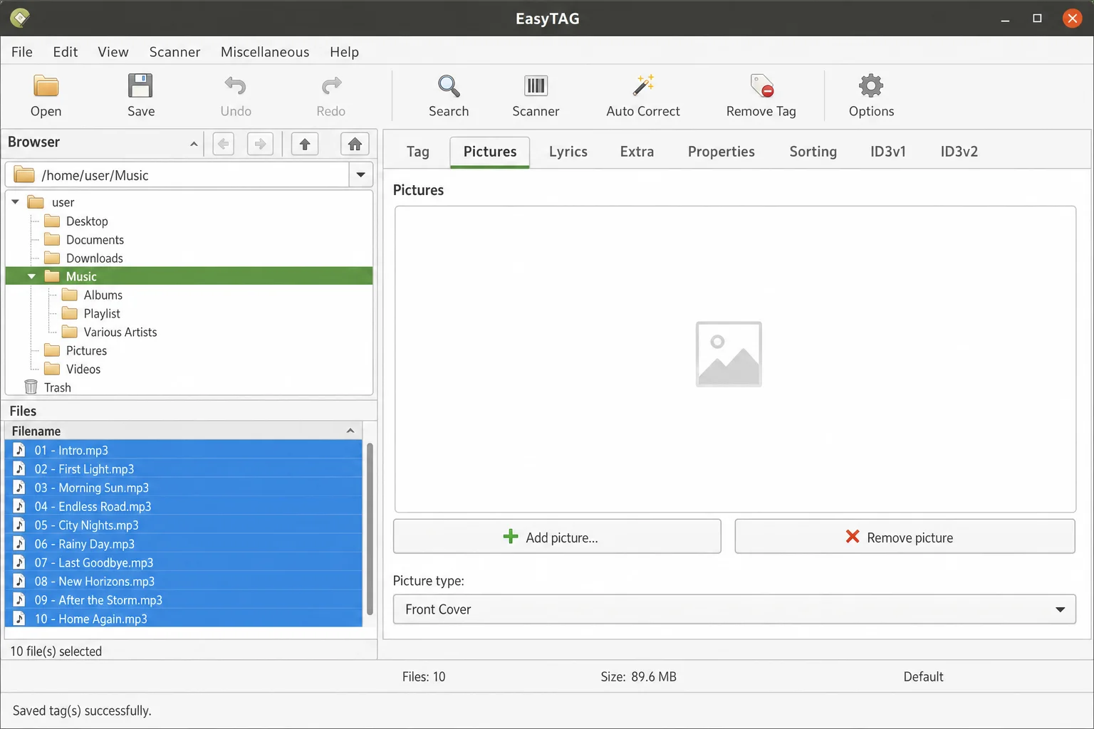 EasyTAG tag editor with the Pictures tab selected, showing the artwork area with a plus button to add an image and a red X