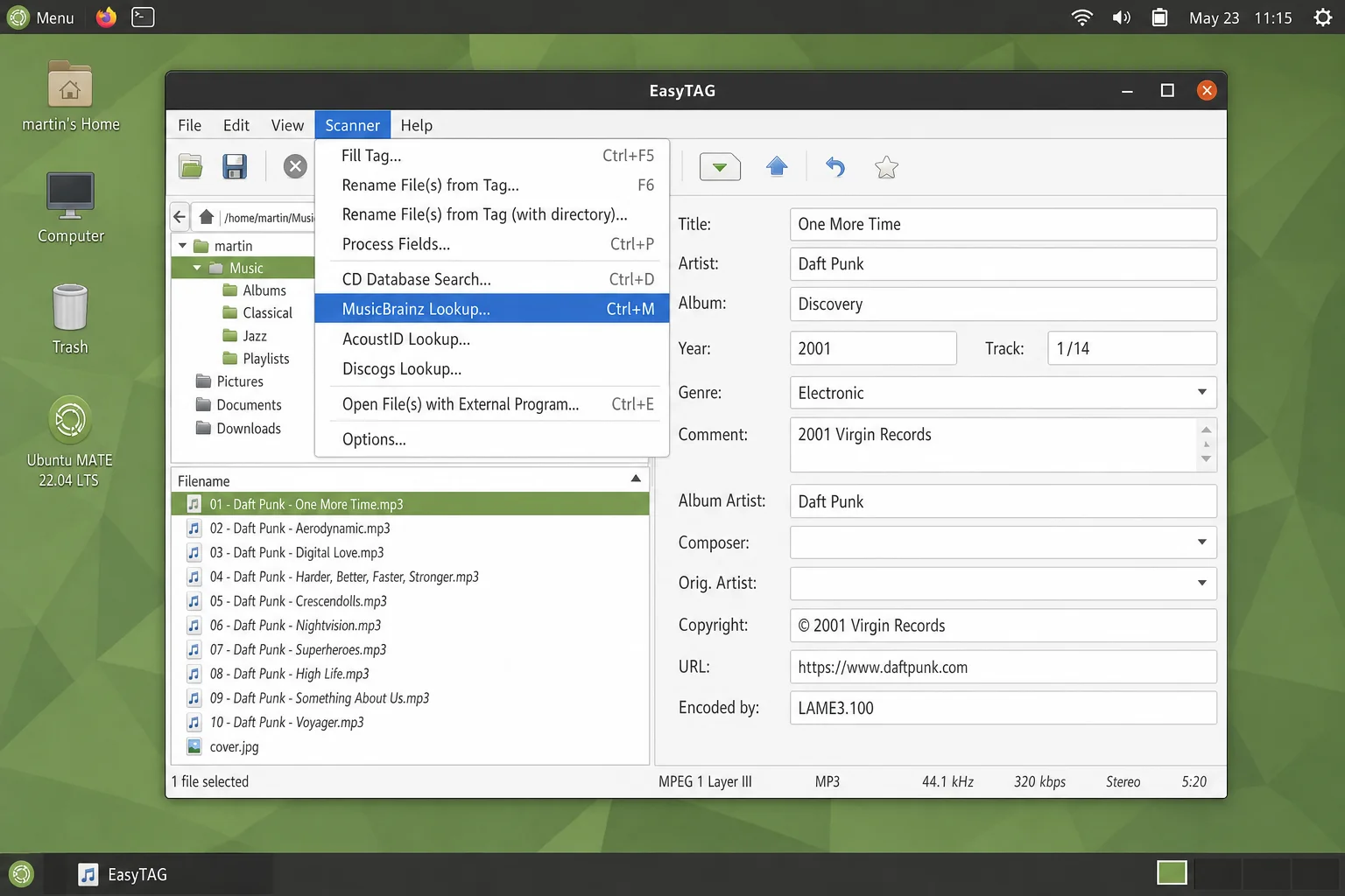 EasyTAG Scanner menu open, showing the MusicBrainz or CD database lookup option highlighted