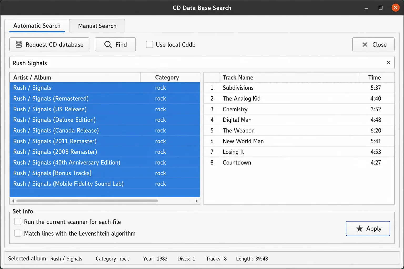EasyTAG database search results window showing a list of album matches with an Apply button