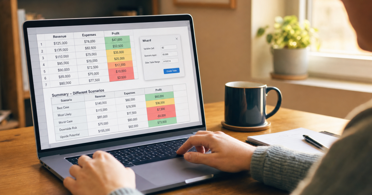 Person typing on a laptop displaying a multi-column spreadsheet with revenue, expenses, and profit data on a wooden table, a mug nearby.