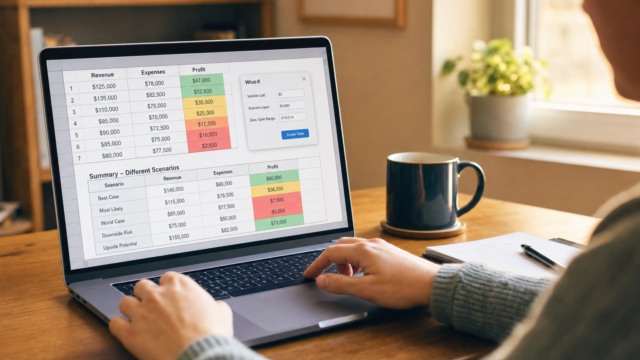 Person typing on a laptop displaying a multi-column spreadsheet with revenue, expenses, and profit data on a wooden table, a mug nearby.