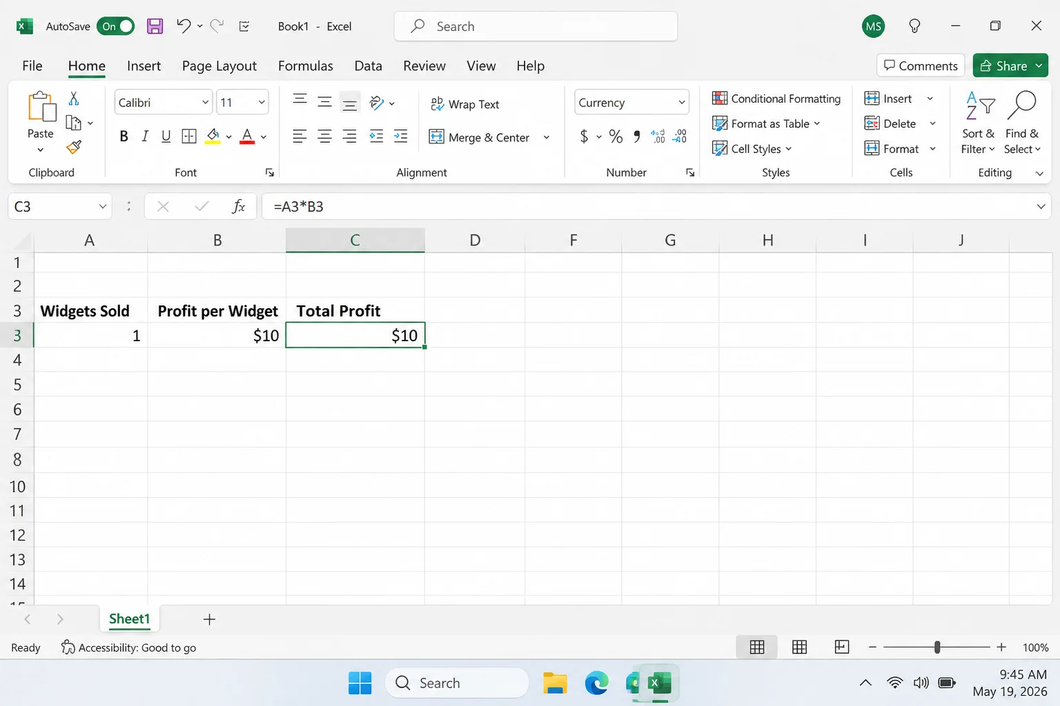 Simple Excel spreadsheet with widgets sold in A3, profit per widget in B3, and total profit formula =A3*B3 in C3, showing values 1, $10, and $10
