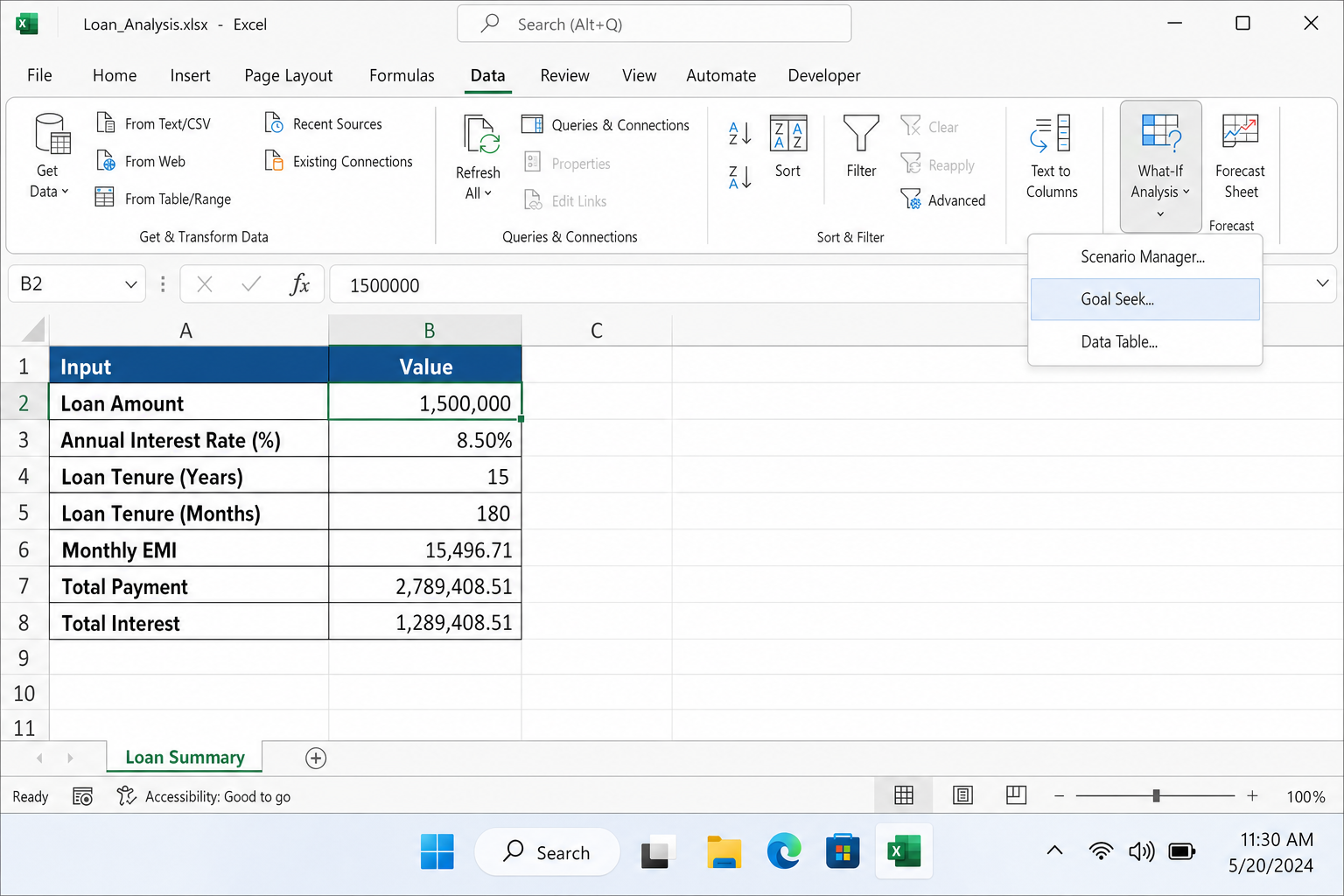 Excel Data tab with What-If Analysis dropdown open, showing Scenario Manager, Goal Seek, and Data Table options