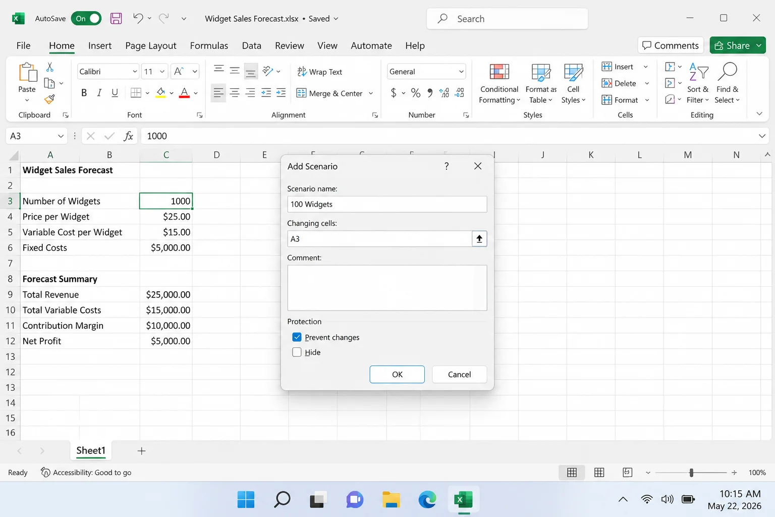 Excel Add Scenario dialog with "100 Widgets" entered as scenario name and A3 in the Changing cells field