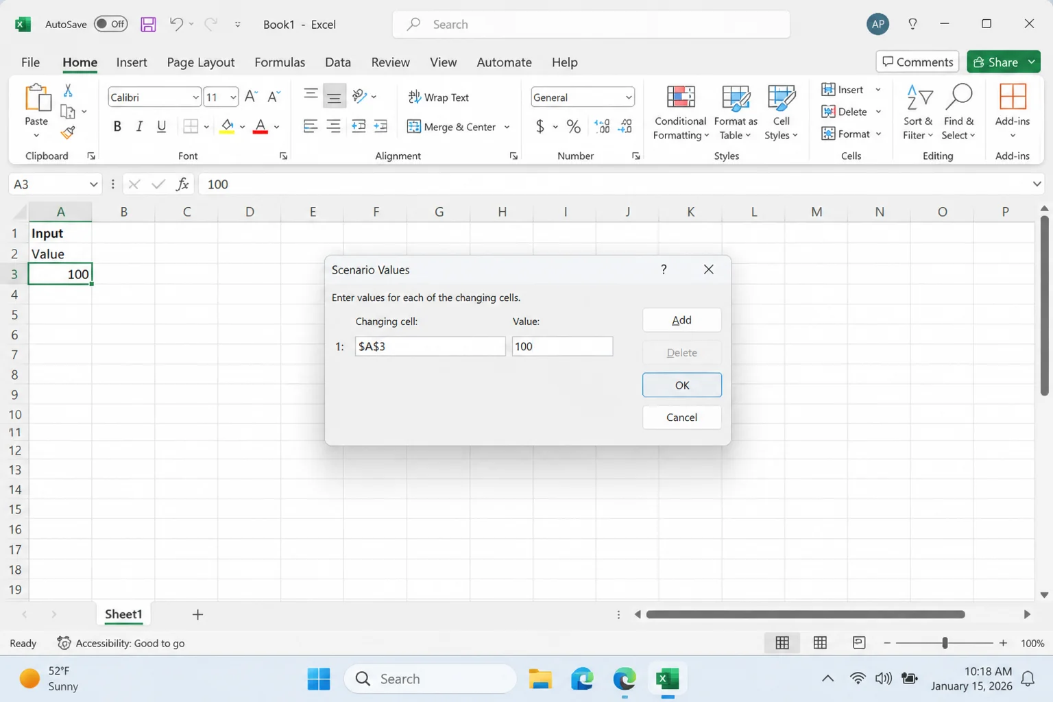 Excel Scenario Values dialog showing A3 field with value 100 entered