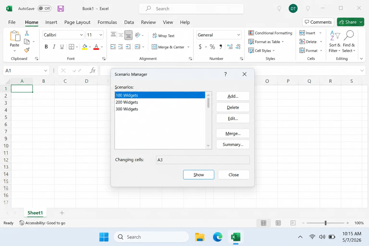 Scenario Manager window showing three scenarios listed: 100 Widgets, 200 Widgets, and 300 Widgets