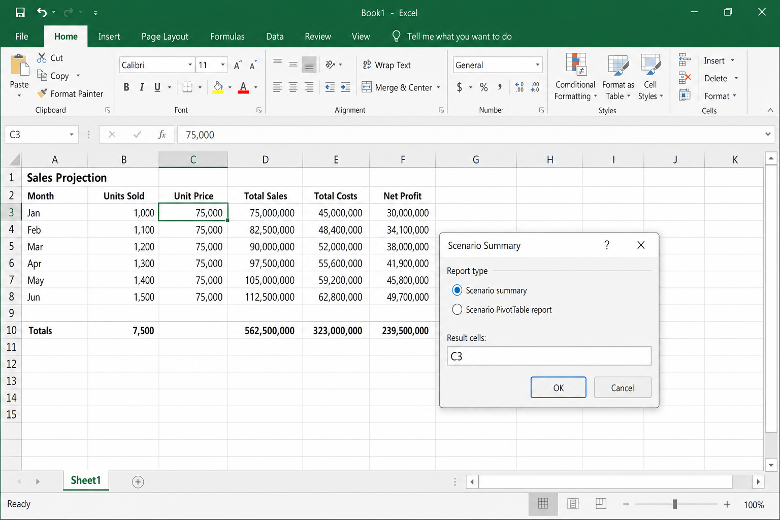 Scenario Summary dialog with Result cells field showing C3