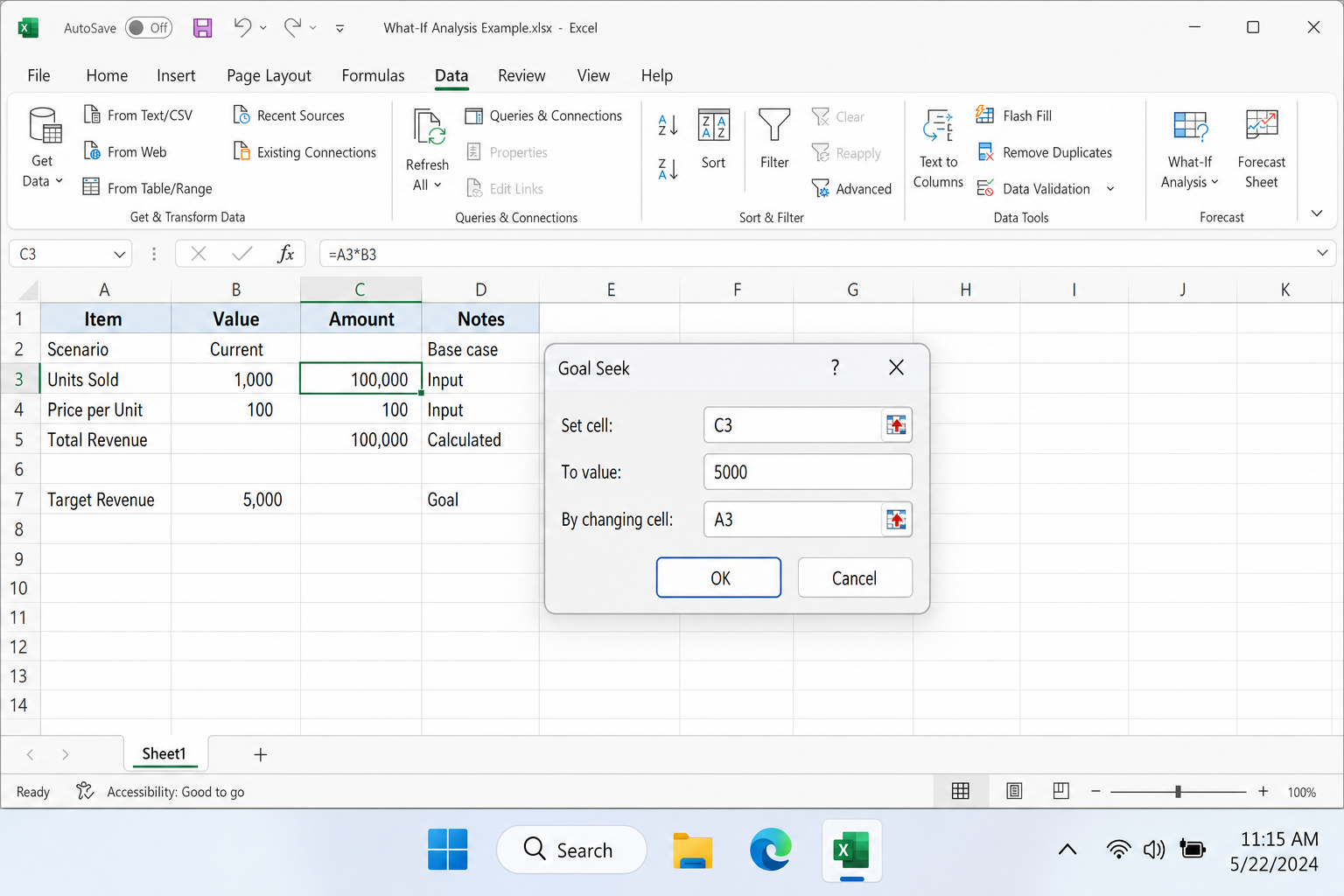 Goal Seek dialog with Set cell C3, To value 5000, and By changing cell A3 filled in