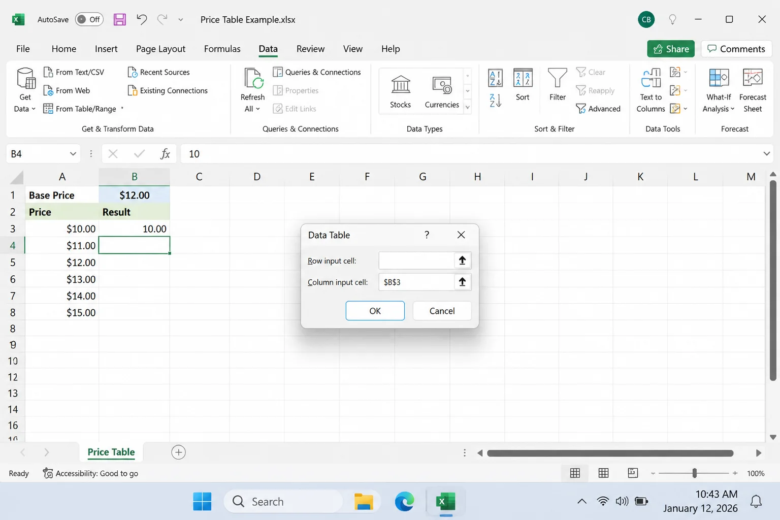 Data Table dialog with Column input cell set to B3, Row input cell left blank