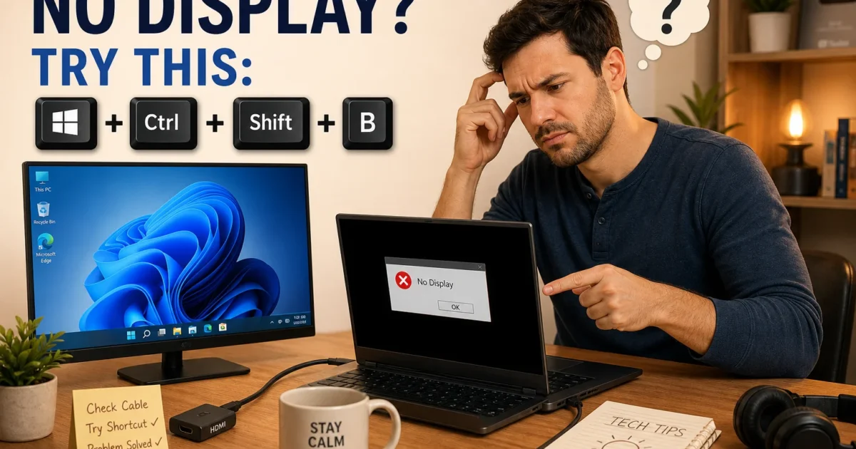 Man at a desk puzzled by a No Display error on his laptop; wall behind shows shortcut Windows+Ctrl+Shift+B for troubleshooting (informational image).