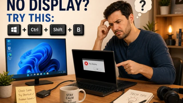 Man at a desk puzzled by a No Display error on his laptop; wall behind shows shortcut Windows+Ctrl+Shift+B for troubleshooting (informational image).