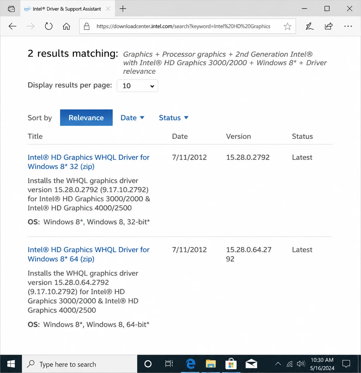 List of Intel HD Graphics drivers for Windows 8, showing versions and statuses.