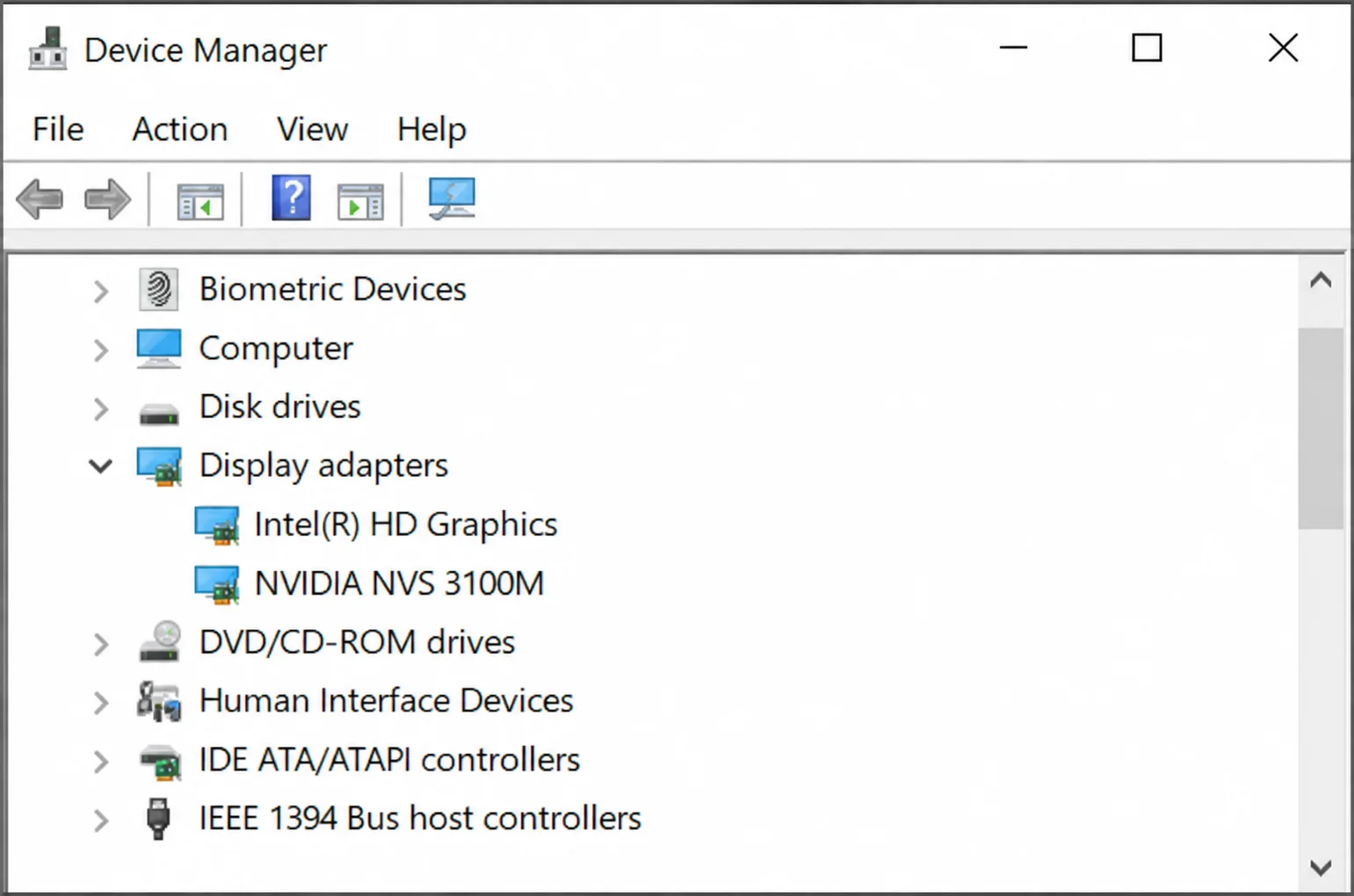 Device Manager window displaying Intel HD Graphics and NVIDIA NVS 3100M under Display adapters.