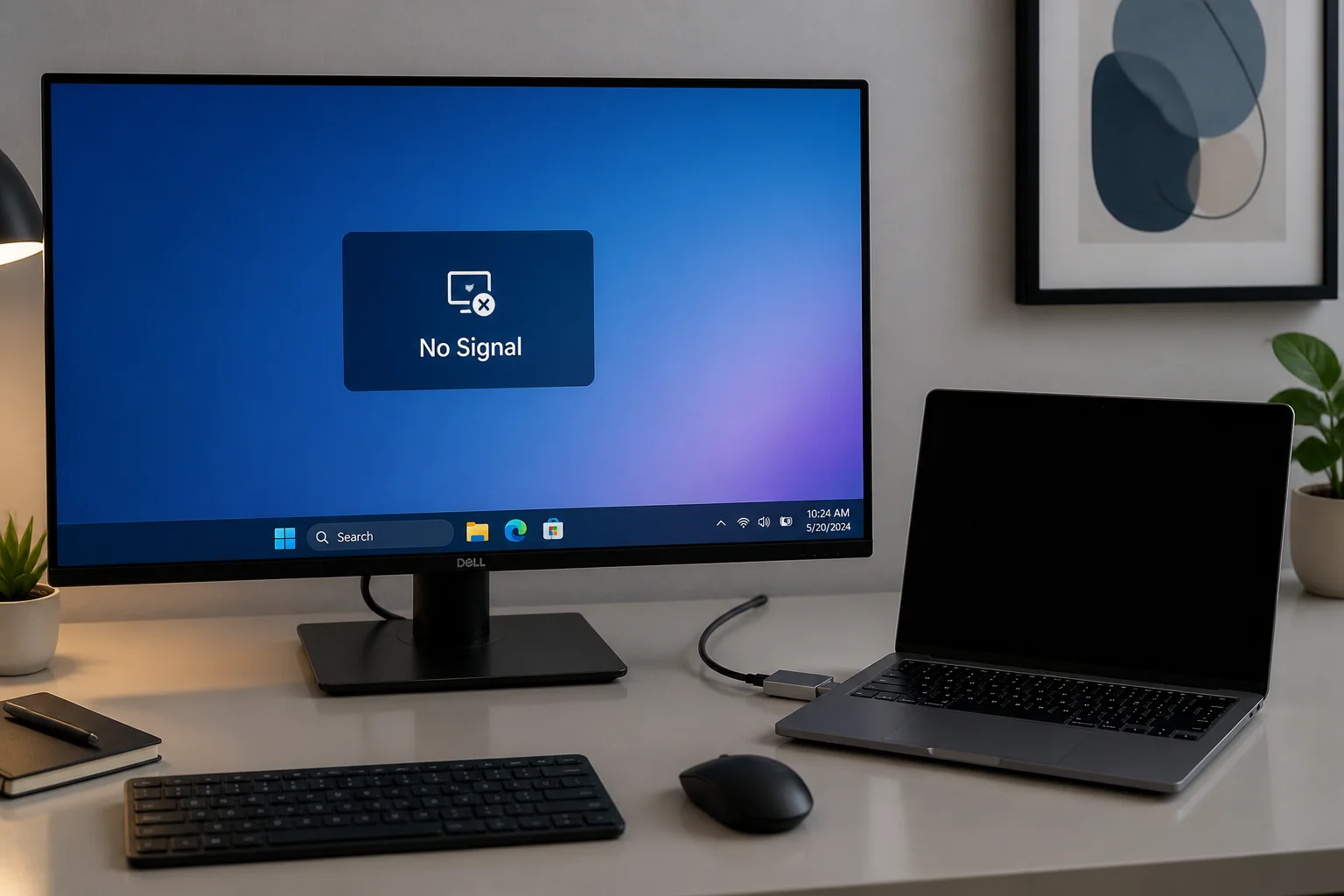 Windows 11 desktop visible on an external HDMI monitor while the laptop's internal display remains completely black