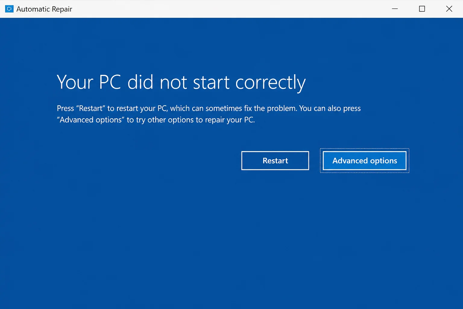 Windows 11 "Your PC did not start correctly" Automatic Repair screen with the "Advanced options" button visible and highlighted