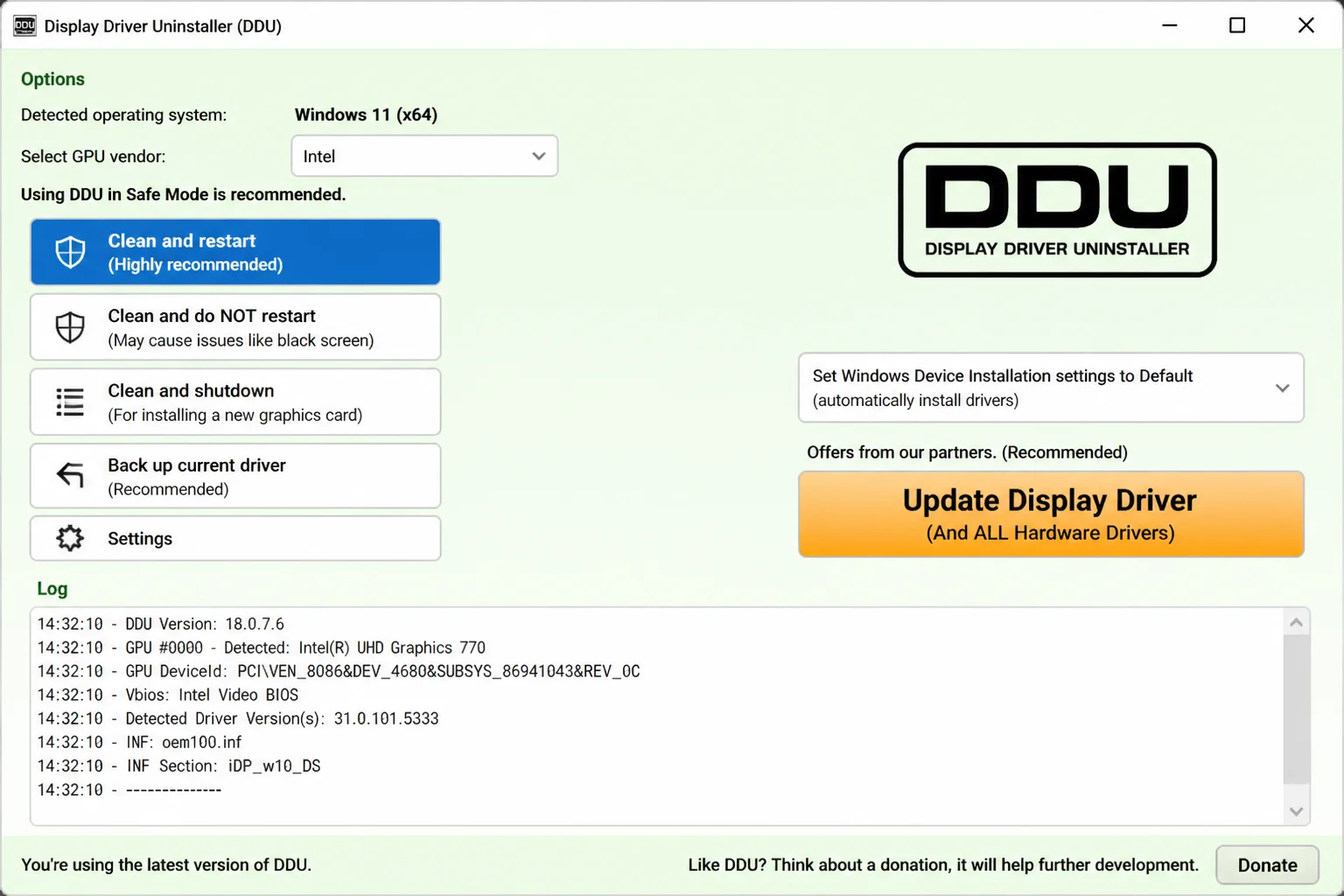 DDU interface showing device type set to GPU with Intel selected as manufacturer and the "Clean and restart" button highlighted
