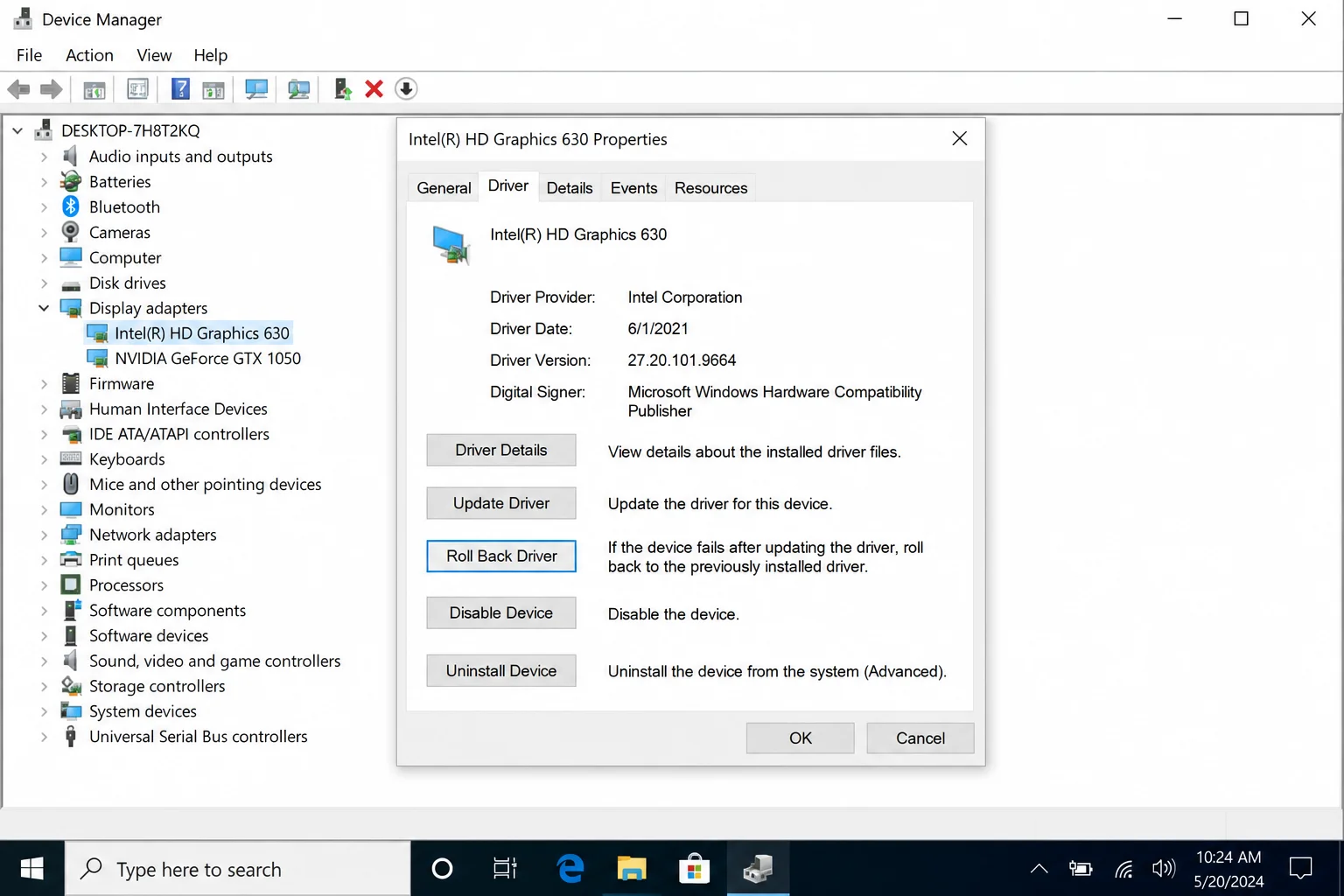 Device Manager showing Intel HD Graphics Properties dialog open on the Driver tab with the "Roll Back Driver" button highlighted