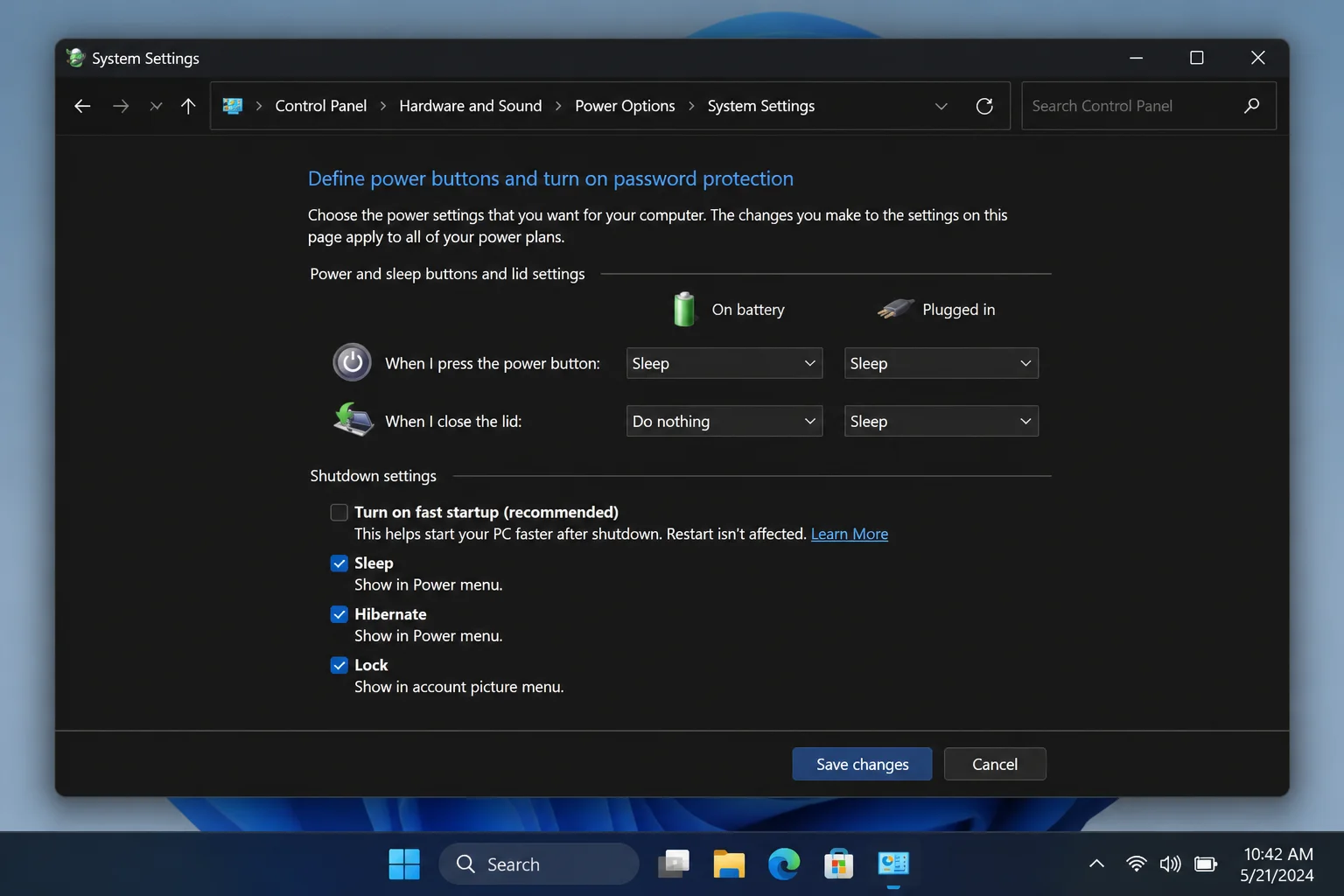 Control Panel Power Options System Settings page with "Turn on fast startup (recommended)" checkbox unchecked and the Save changes button visible
