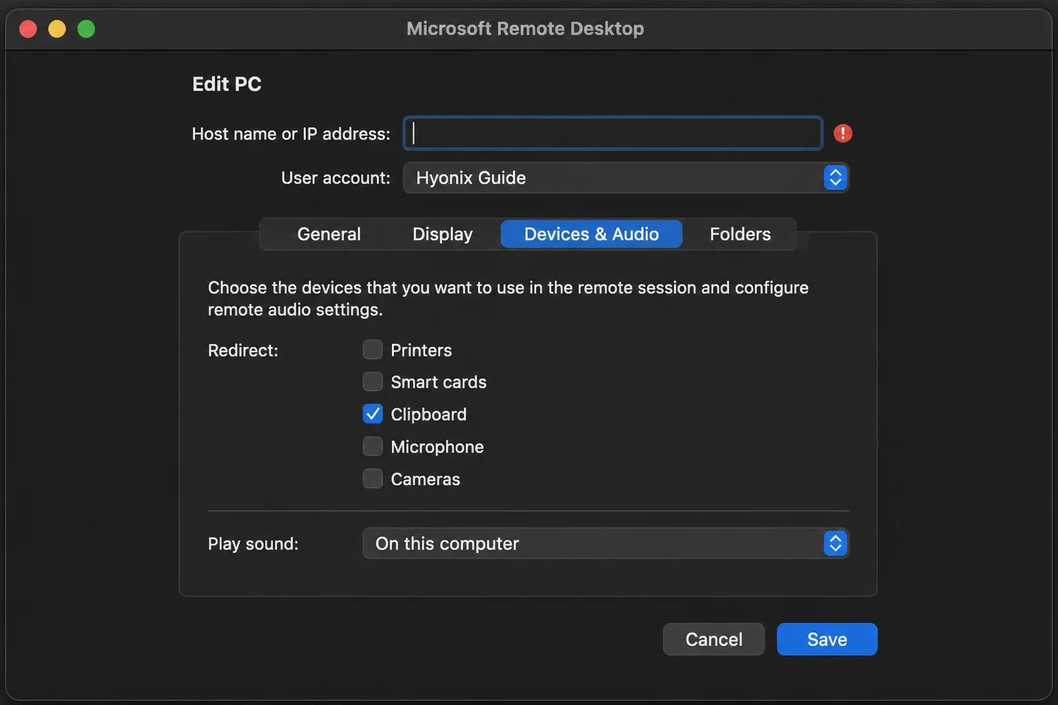 macOS remote desktop client settings showing clipboard redirection controls without connection details