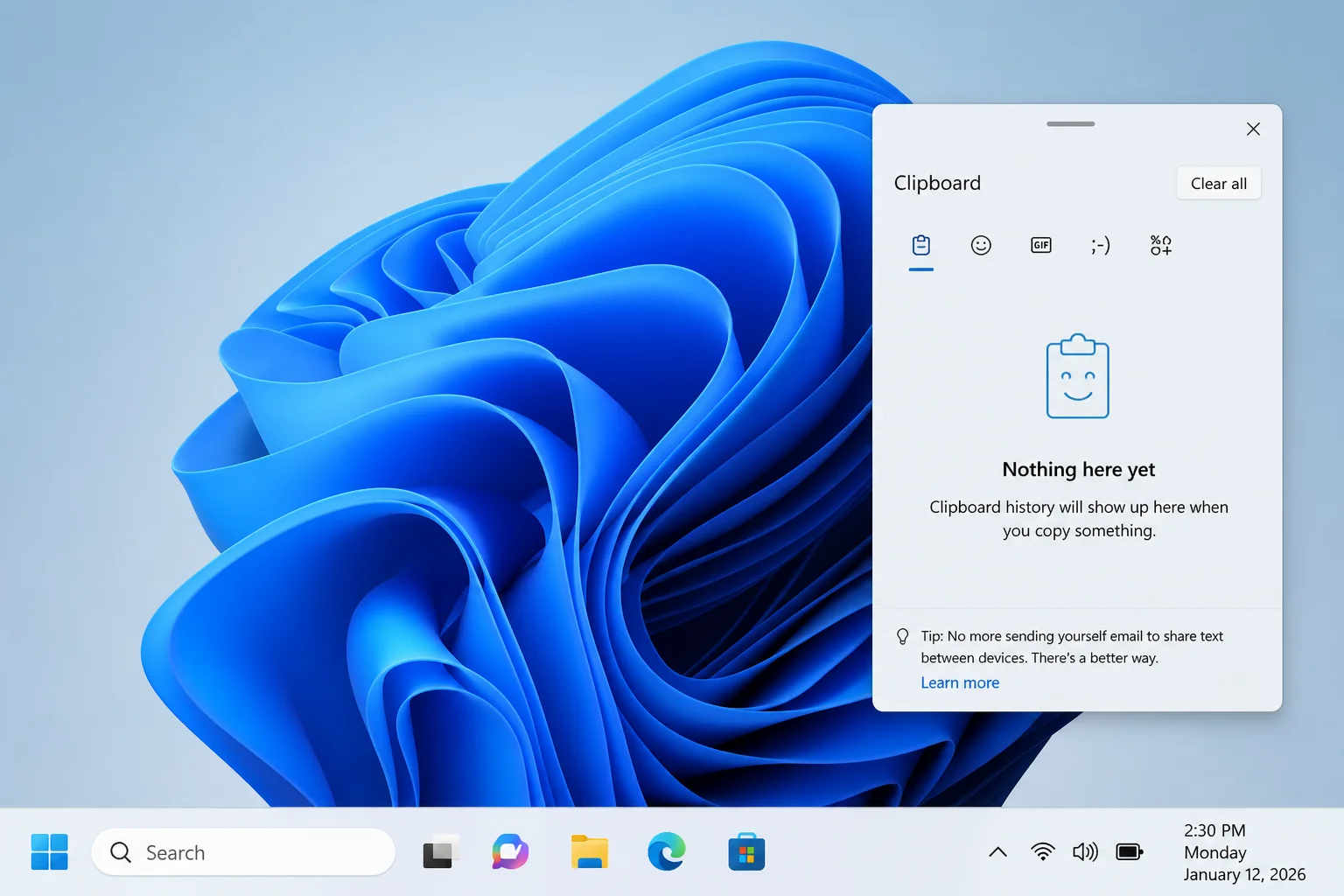 Windows 11 Clipboard History panel opened with Windows key plus V, showing no personal clipboard content