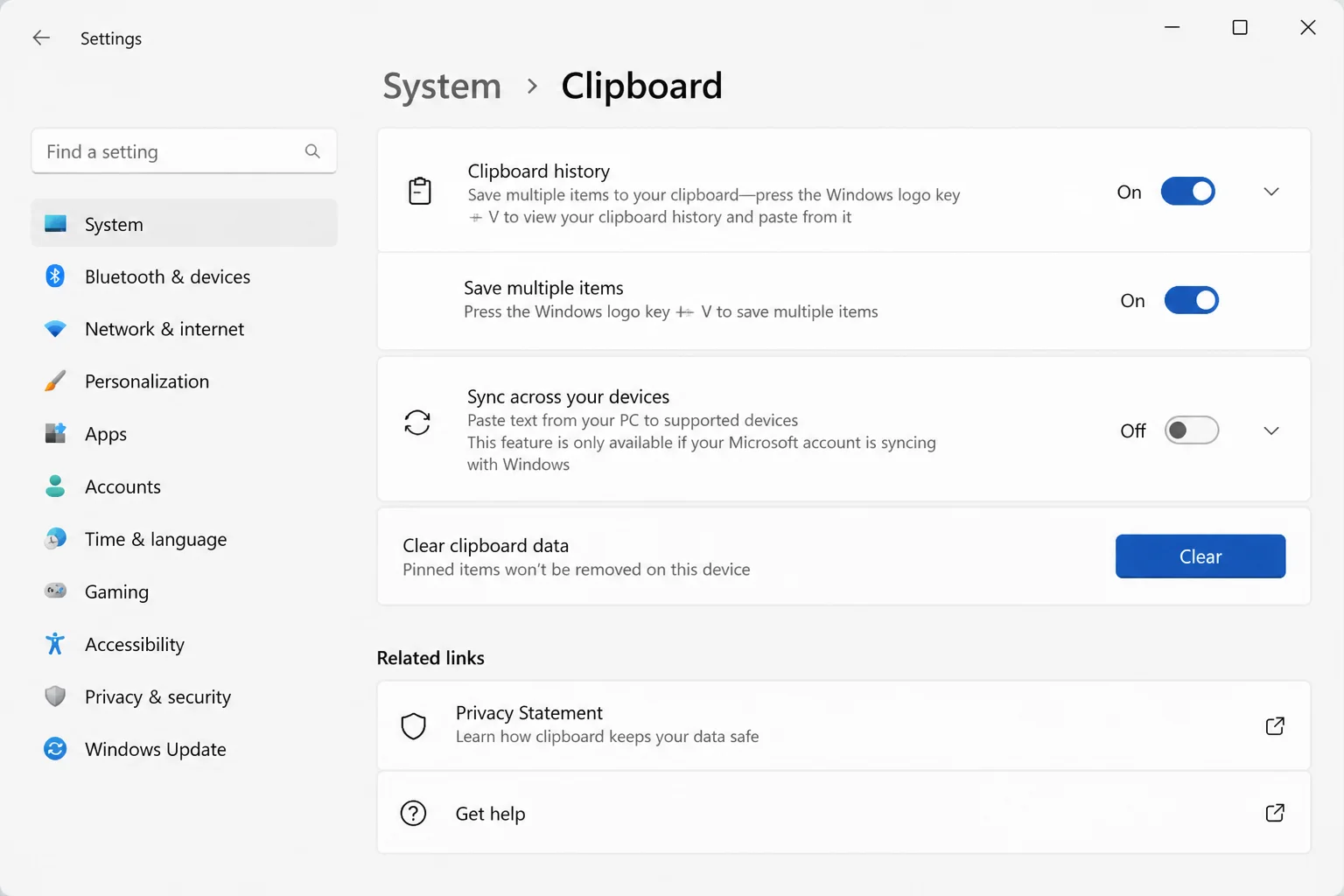 Windows 11 Clipboard settings with Clipboard history and the clearing controls highlighted without assuming their current states