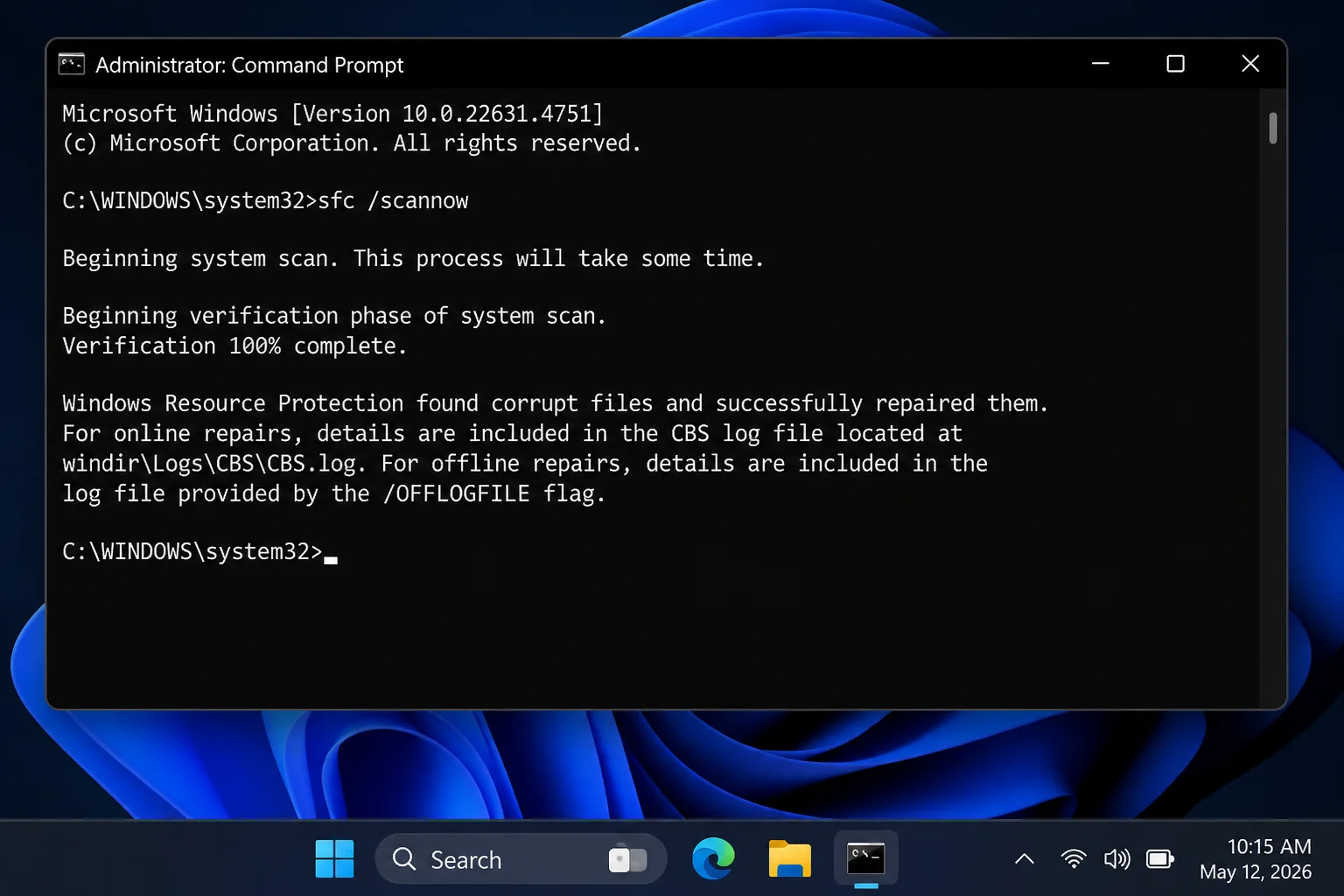 Administrator Command Prompt showing sfc /scannow with a note to let the scan reach 100 percent