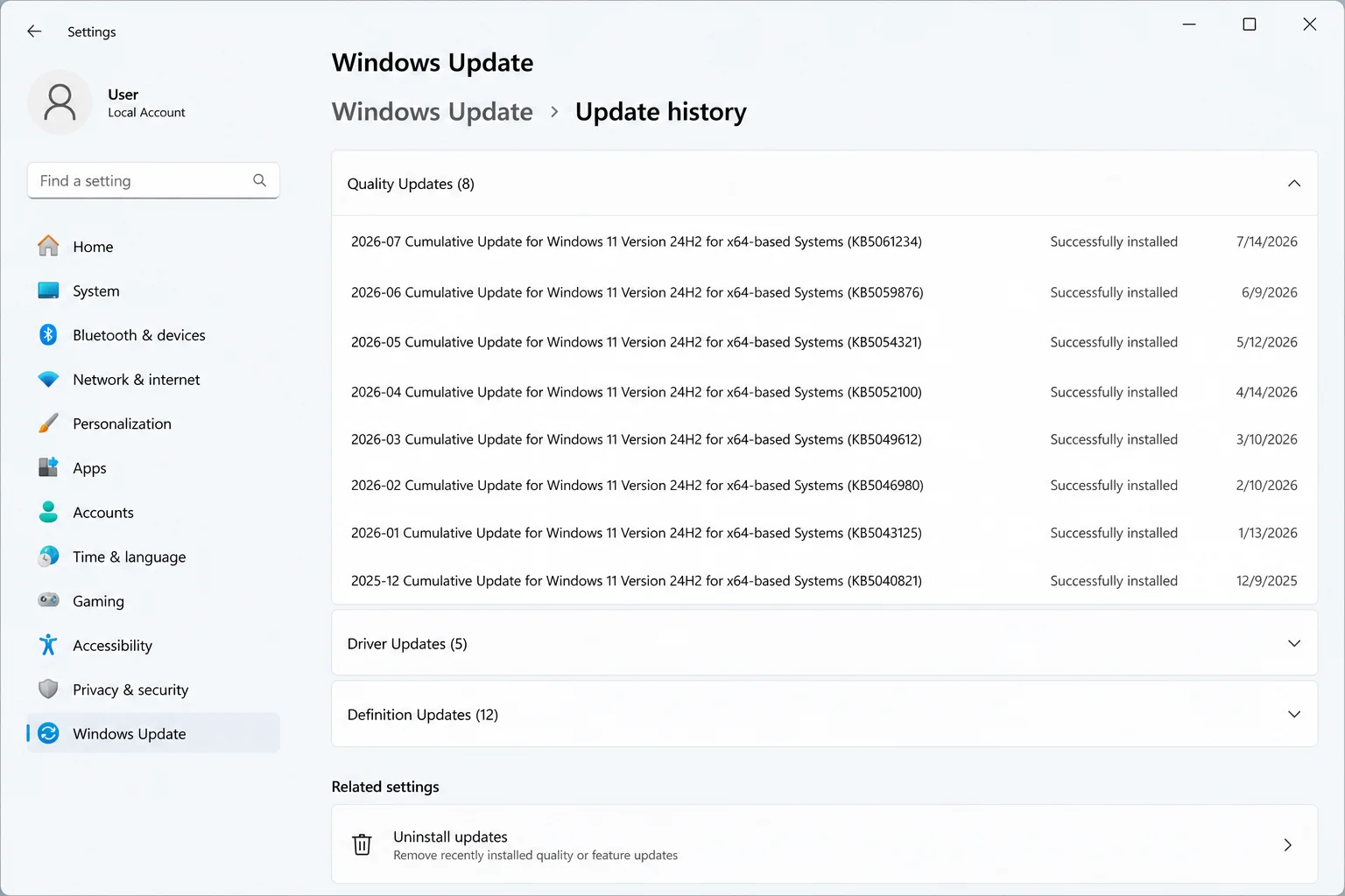 Windows 11 Update history showing installation dates with no specific update selected