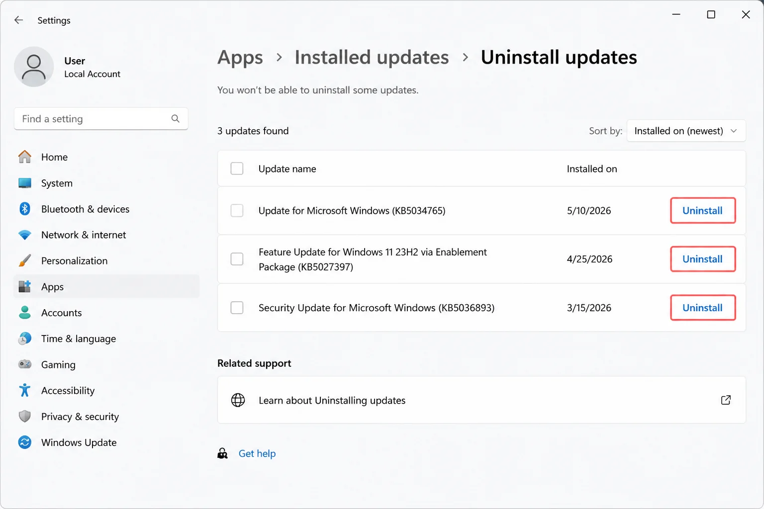 Windows 11 Uninstall updates interface with the uninstall control highlighted and no specific update identifier selected
