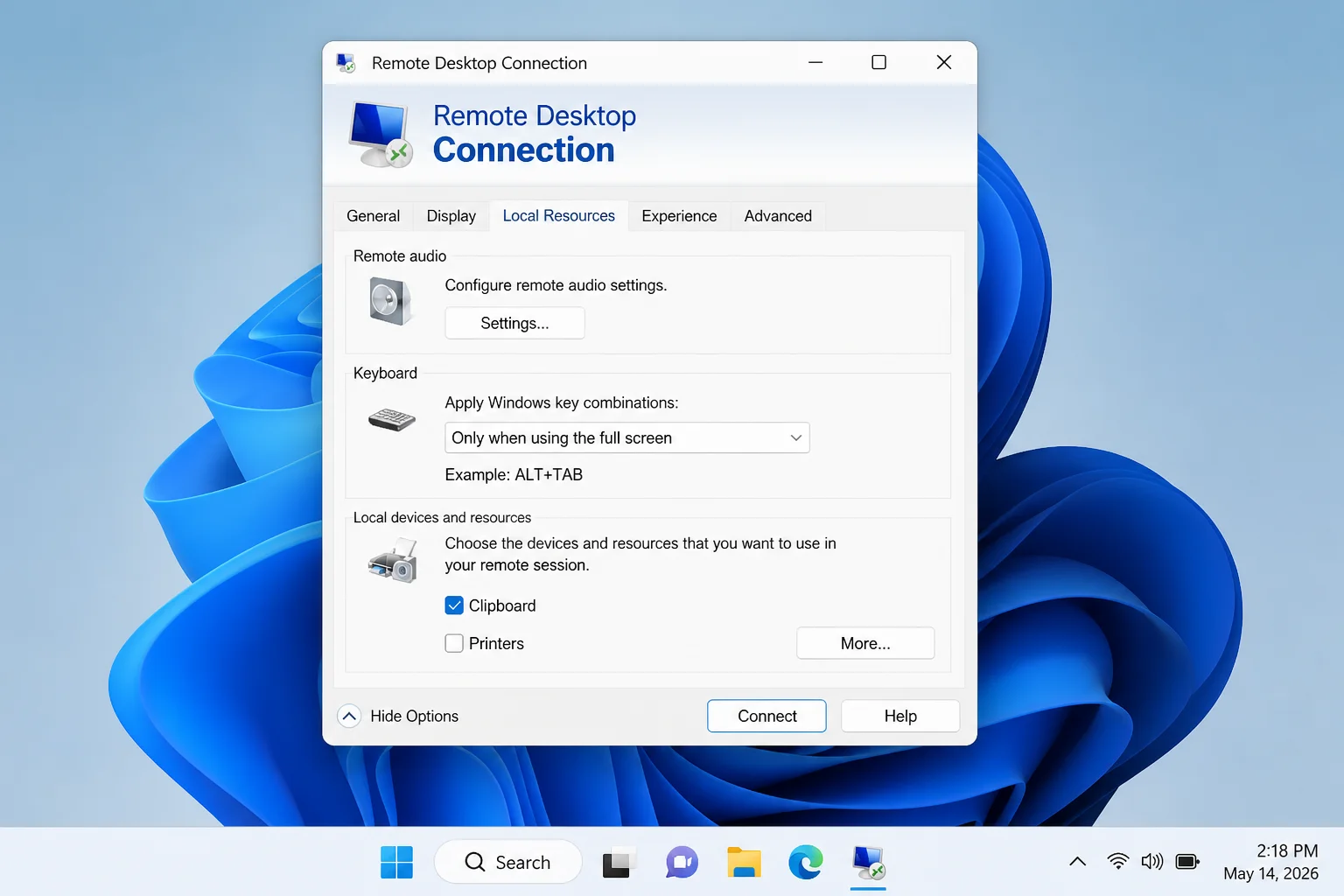 Local Resources tab showing the Clipboard redirection control highlighted without exposing connection details