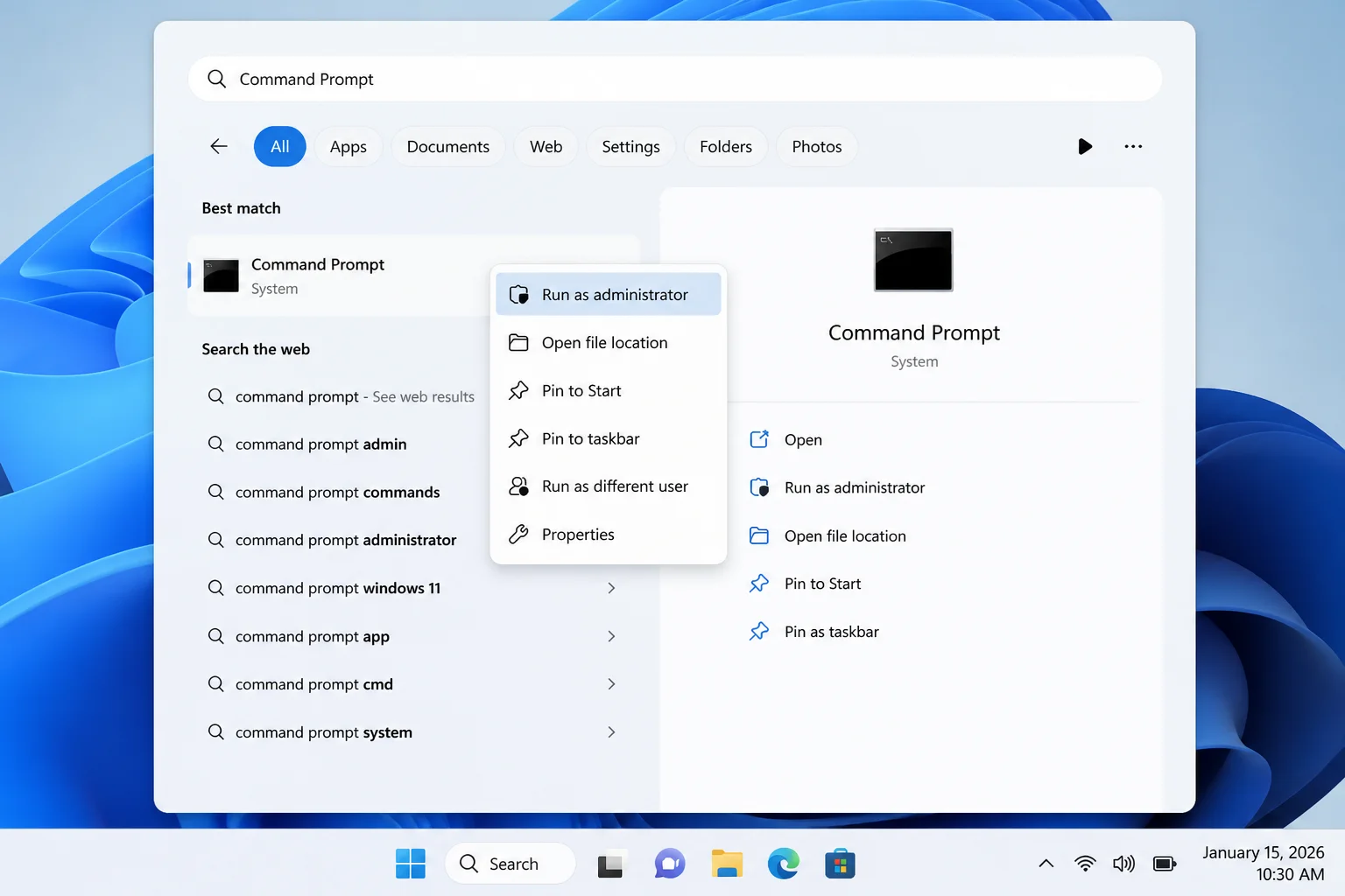 Windows 11 Start menu search results for Command Prompt with the right-click context menu open, highlighting "Run as administrator"