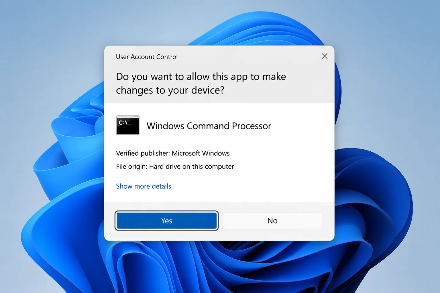 Windows 11 User Account Control dialog asking to confirm opening Command Prompt with administrator rights, with the Yes button highlighted