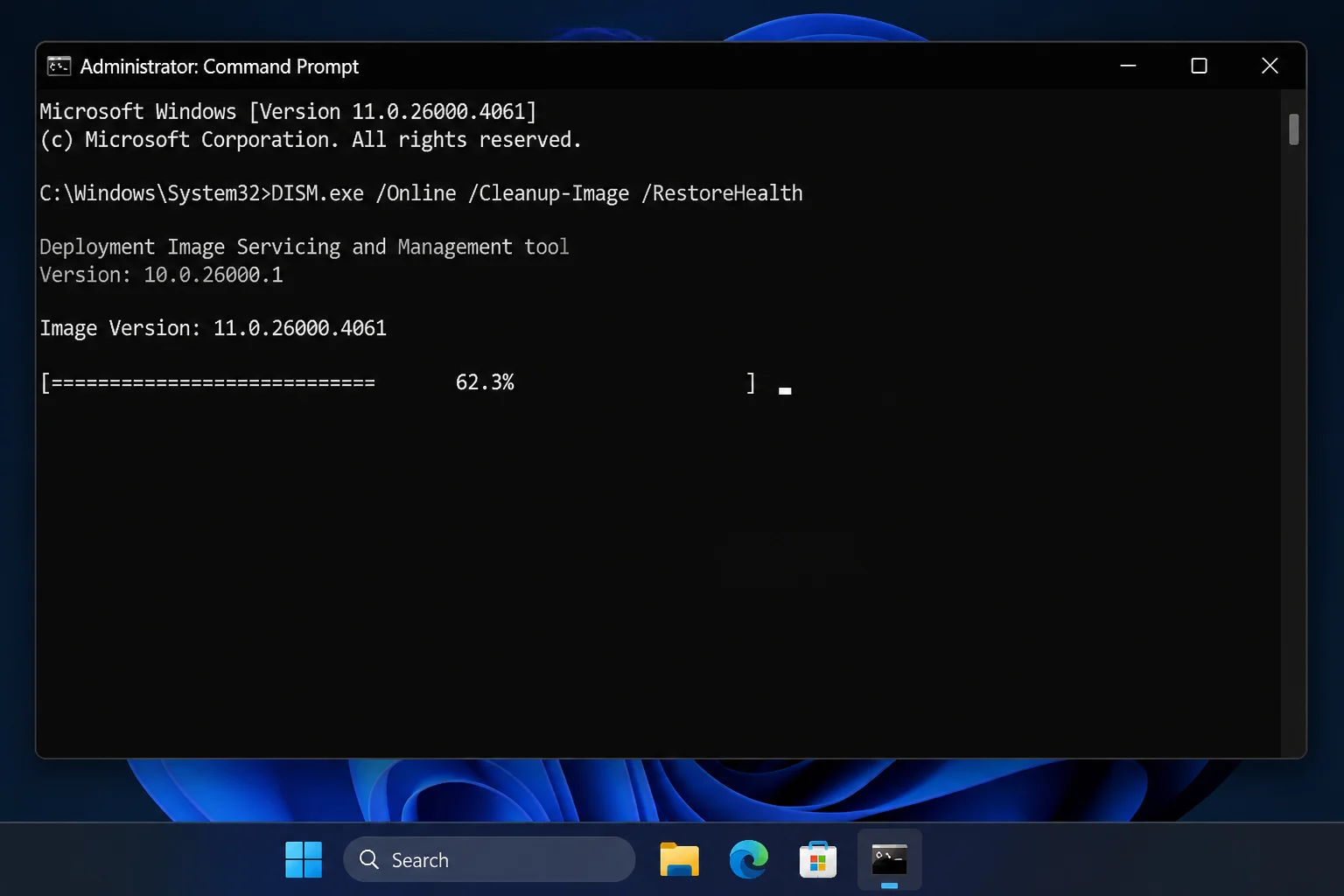 Elevated Command Prompt window showing DISM /Online /Cleanup-Image /RestoreHealth running with a progress percentage visible mid-scan