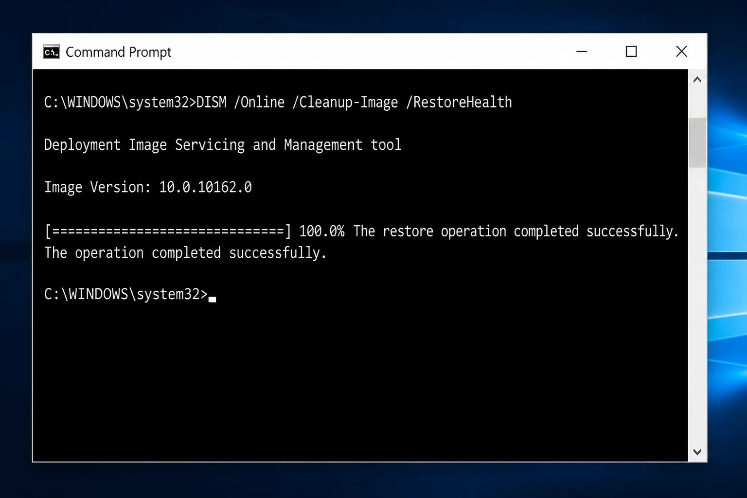 Elevated Command Prompt window showing DISM's final "The restore operation completed successfully" message