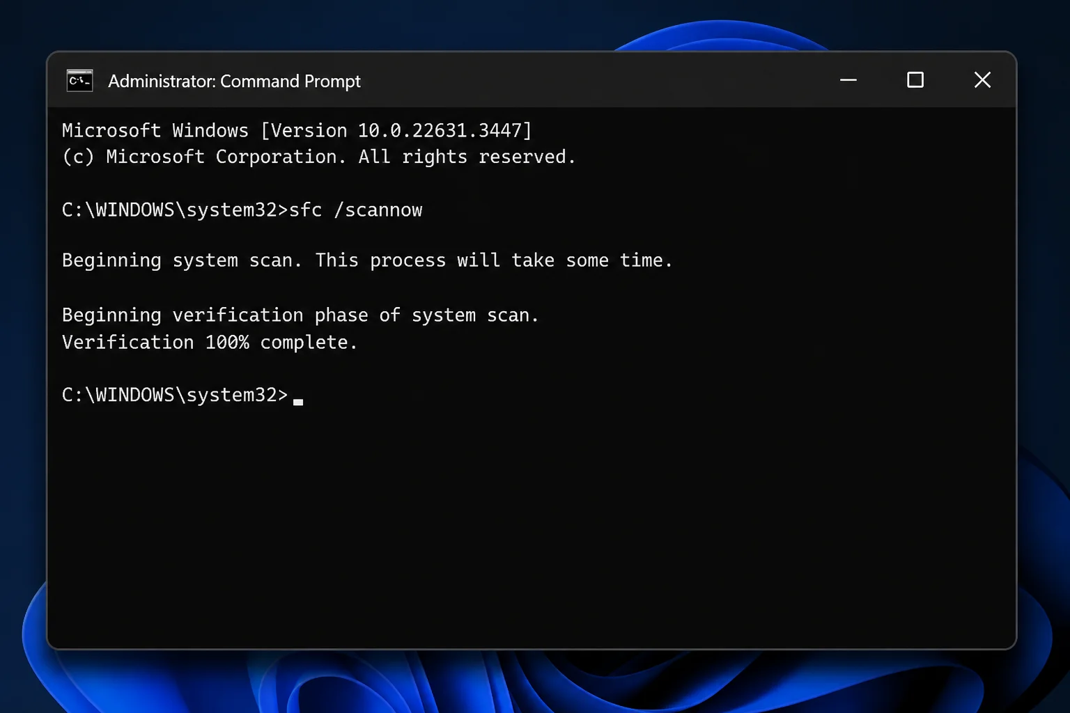 Elevated Command Prompt window showing sfc /scannow running with the verification percentage in progress