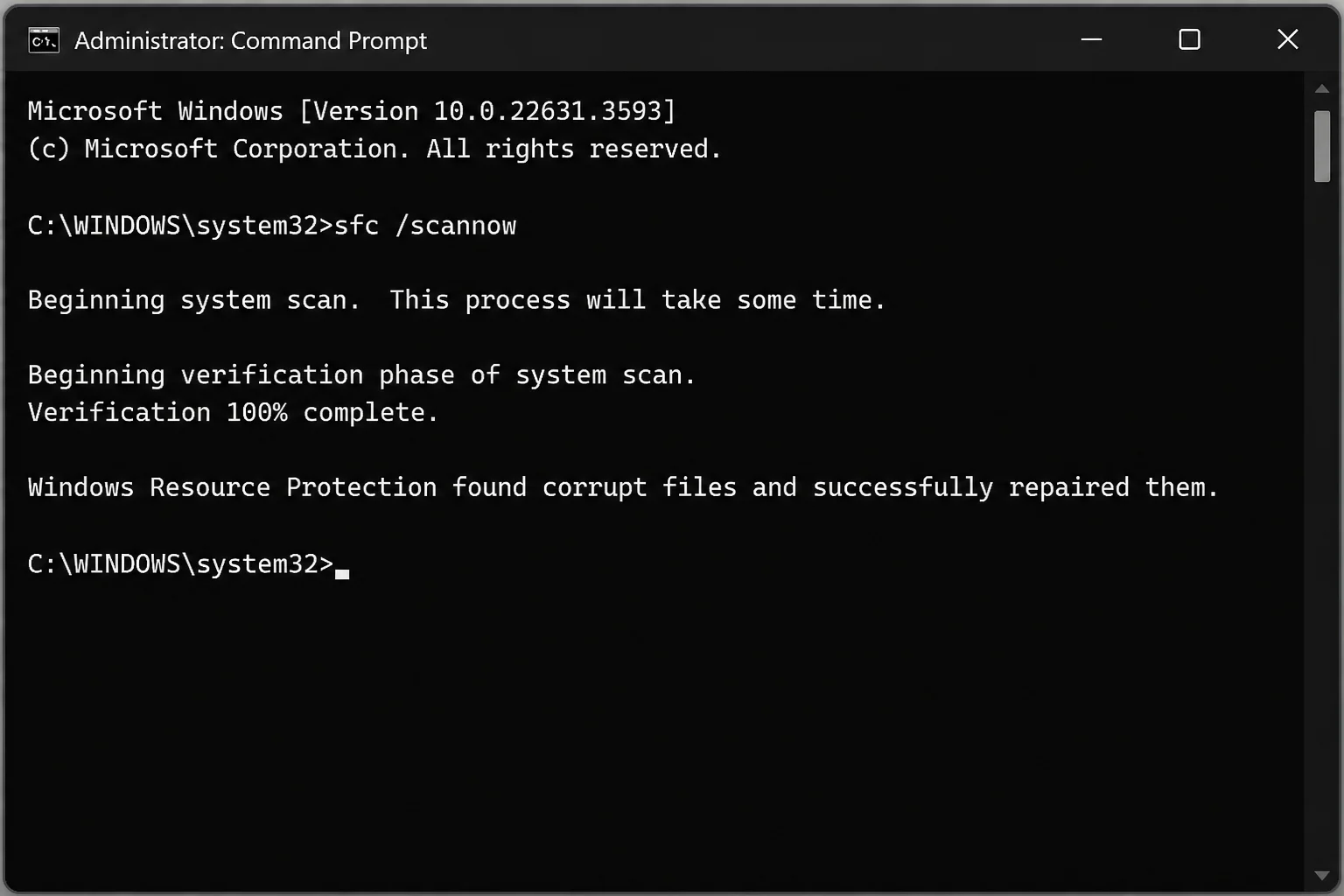 Elevated Command Prompt window showing one of the SFC result messages, such as "found corrupt files and successfully repaired them"
