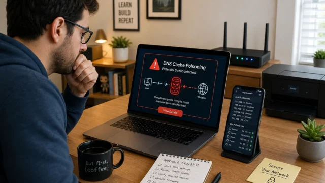 Man sits at a wooden desk looking at a laptop displaying a DNS Cache Poisoning warning with a red alert icon and network diagram.