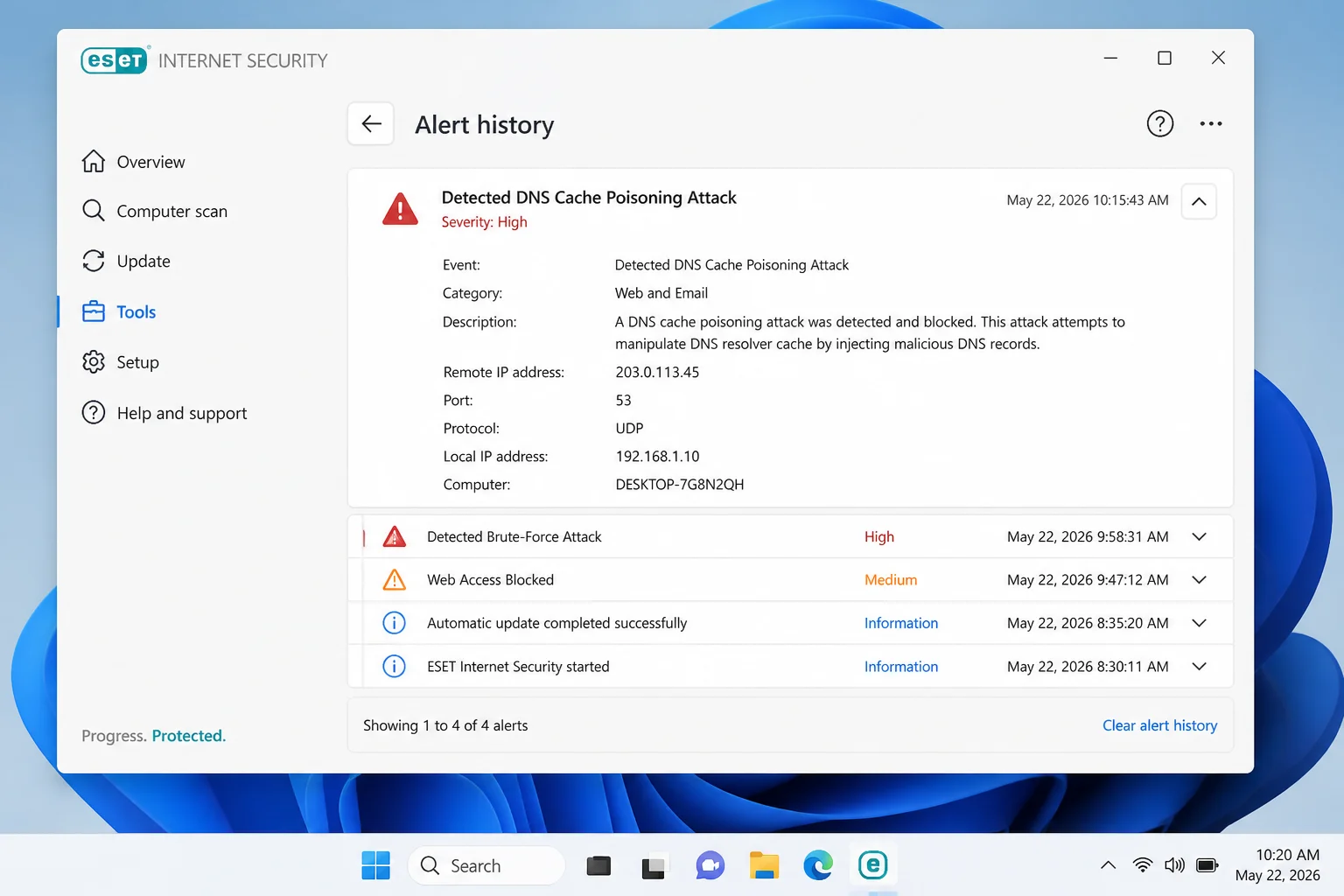 Windows 11 ESET alert history showing a Detected DNS Cache Poisoning Attack message with the remote IP address