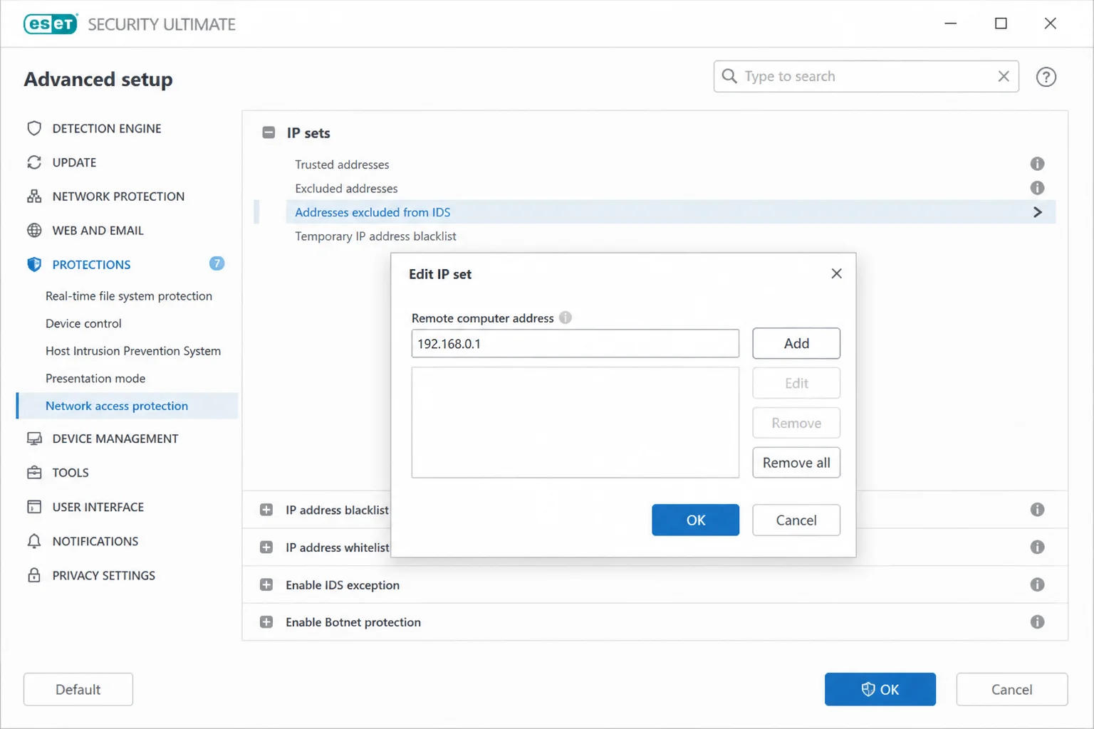 ESET Advanced setup > Network access protection > IP sets dialog with "Addresses excluded from IDS" selected and a local IP