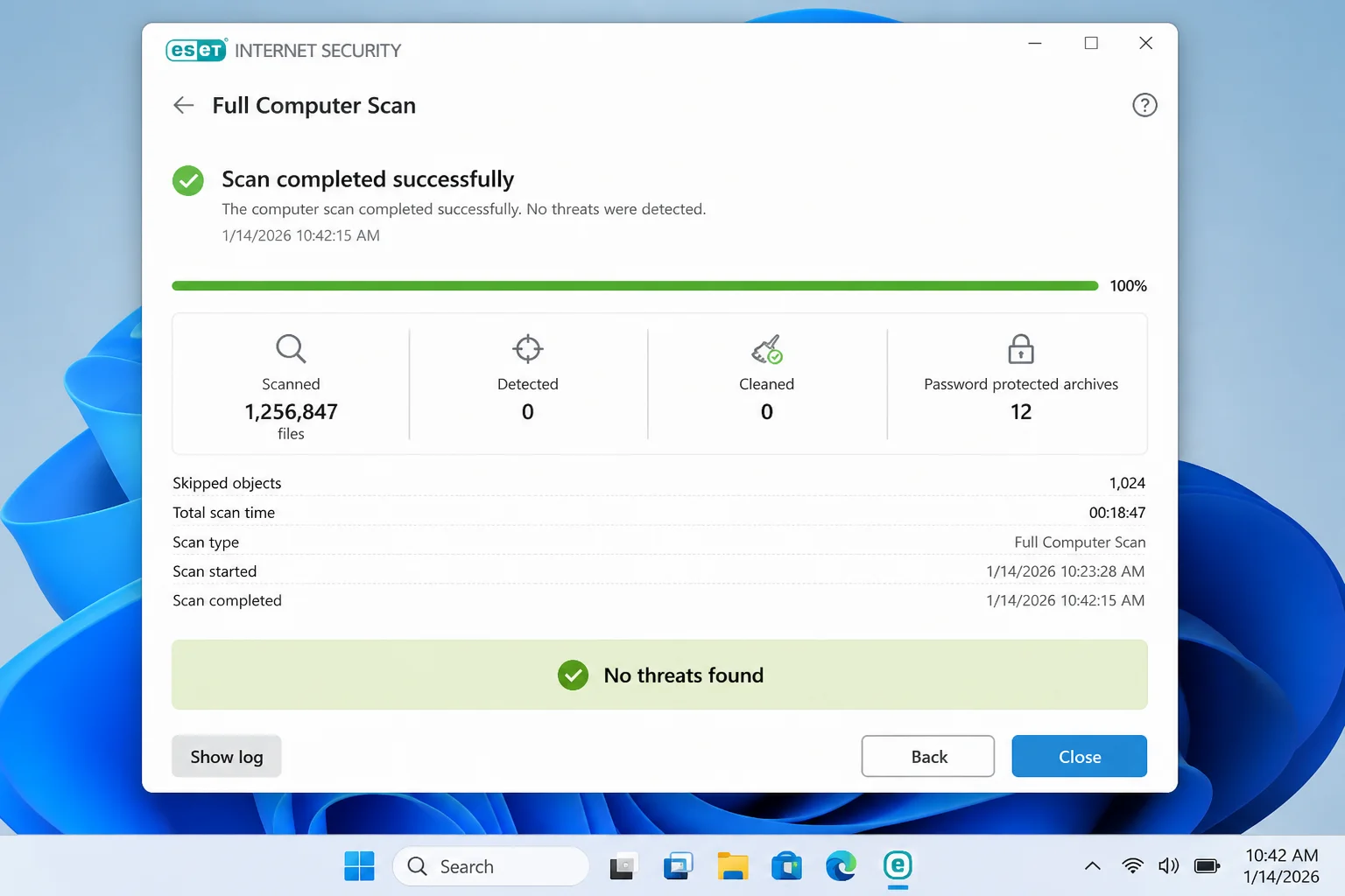 ESET Computer scan result on Windows 11 showing No threats found after a completed full scan