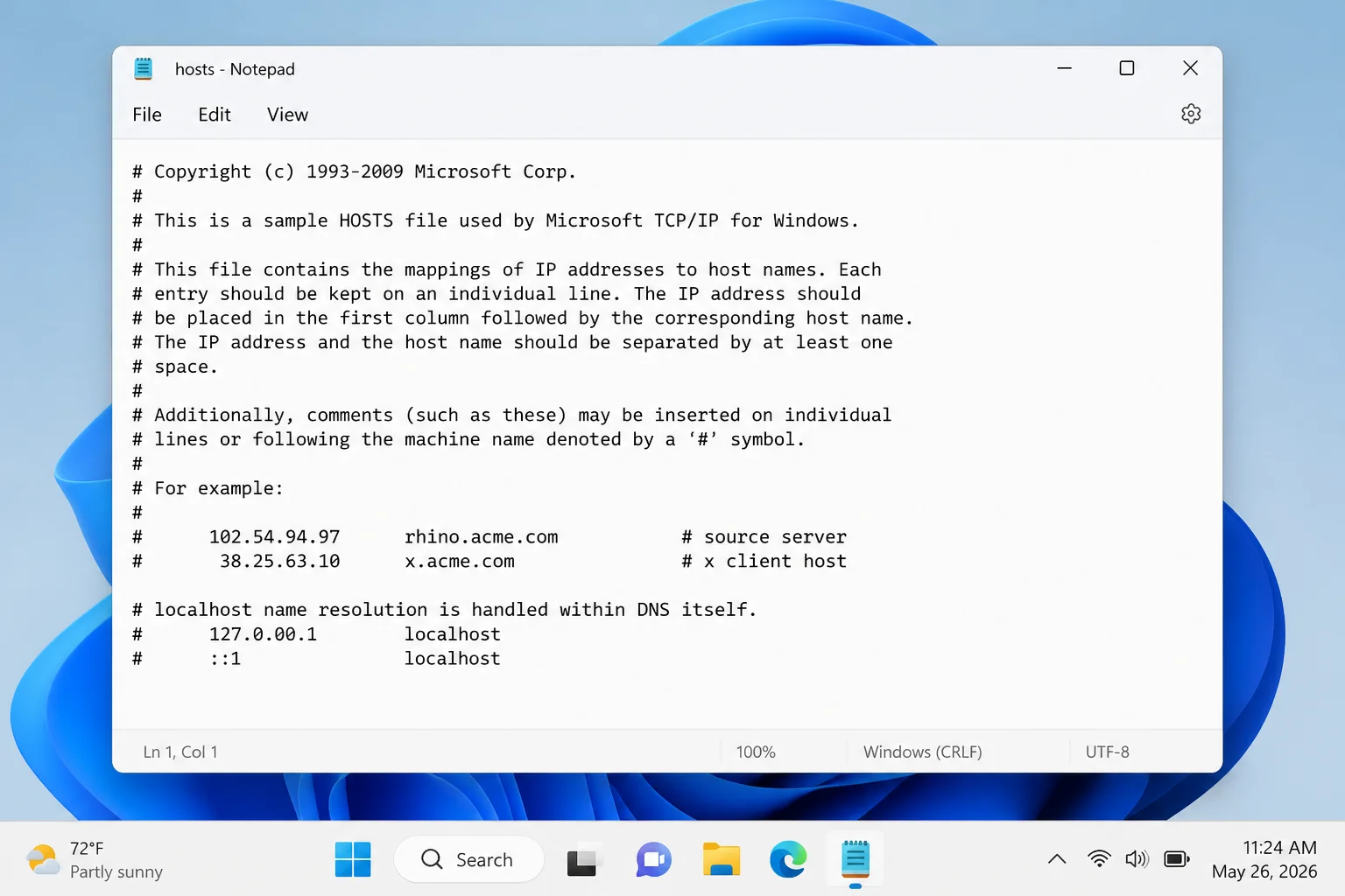Windows 11 Notepad opened as Administrator showing the hosts file at C:\Windows\System32\drivers\etc\hosts with only comment