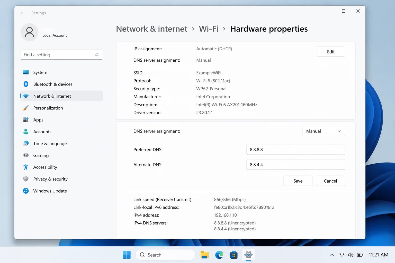 Windows 11 Settings Network and internet Wi-Fi Hardware properties with DNS server assignment set to Manual and a trusted