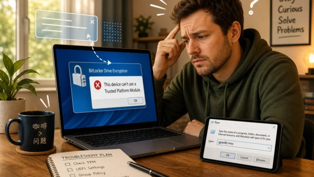 Man sits at a desk, looking puzzled at a laptop showing a BitLocker error: 'This device can't use a Trusted Platform Module.'