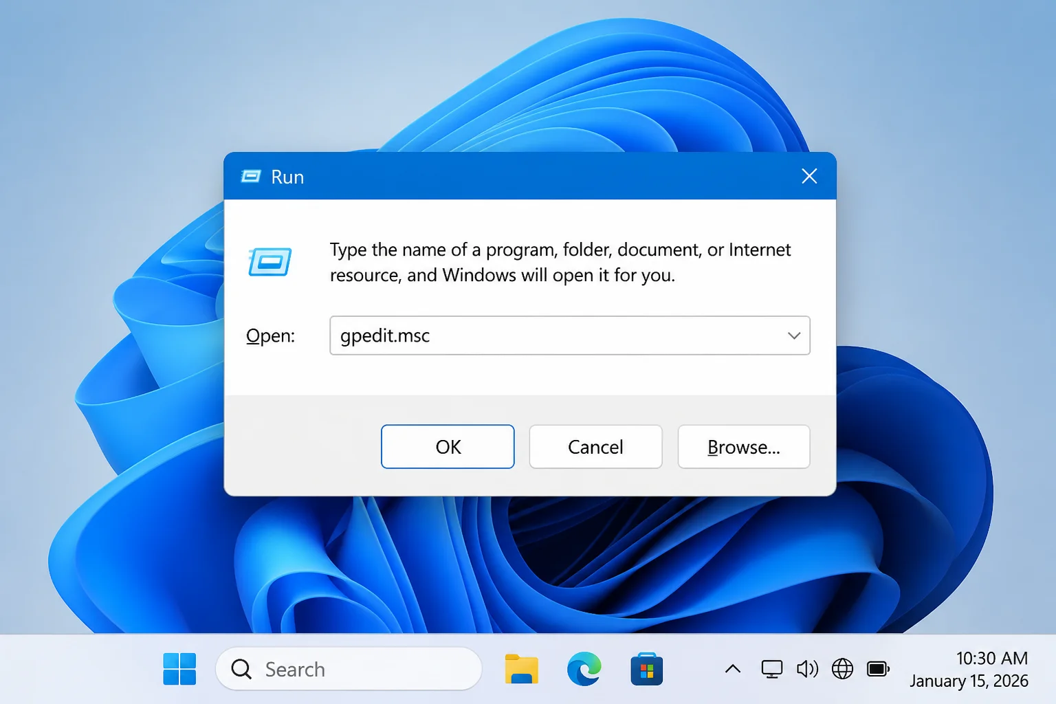 Windows Run dialog with "gpedit.msc" typed in the Open field