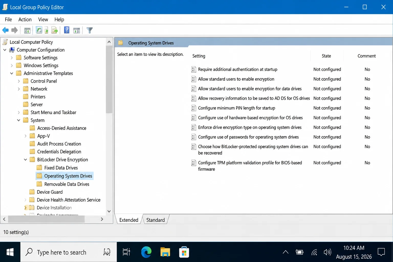 Local Group Policy Editor with "Operating System Drives" selected under BitLocker Drive Encryption in the left navigation tree