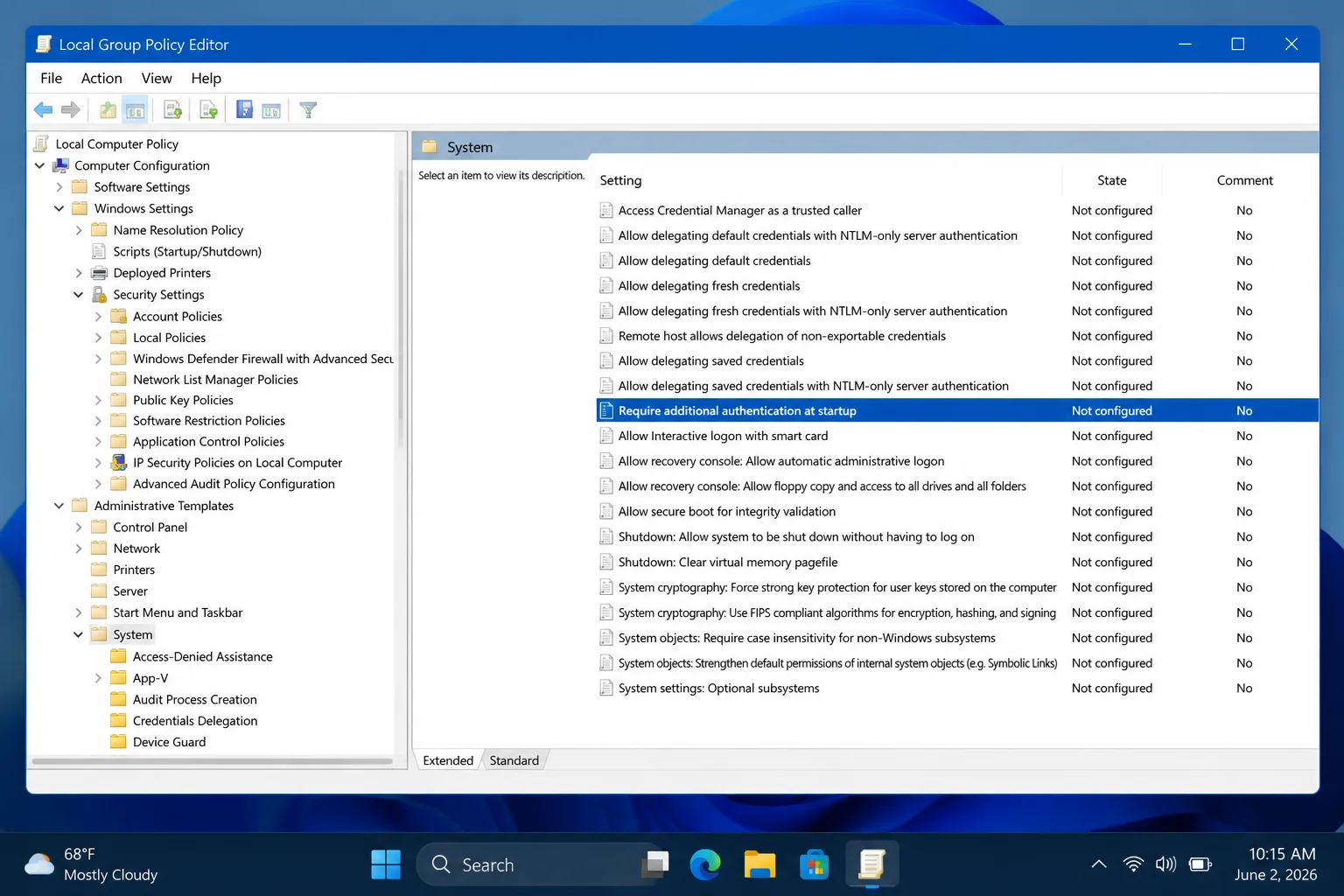 Local Group Policy Editor right pane showing the "Require additional authentication at startup" policy entry highlighted