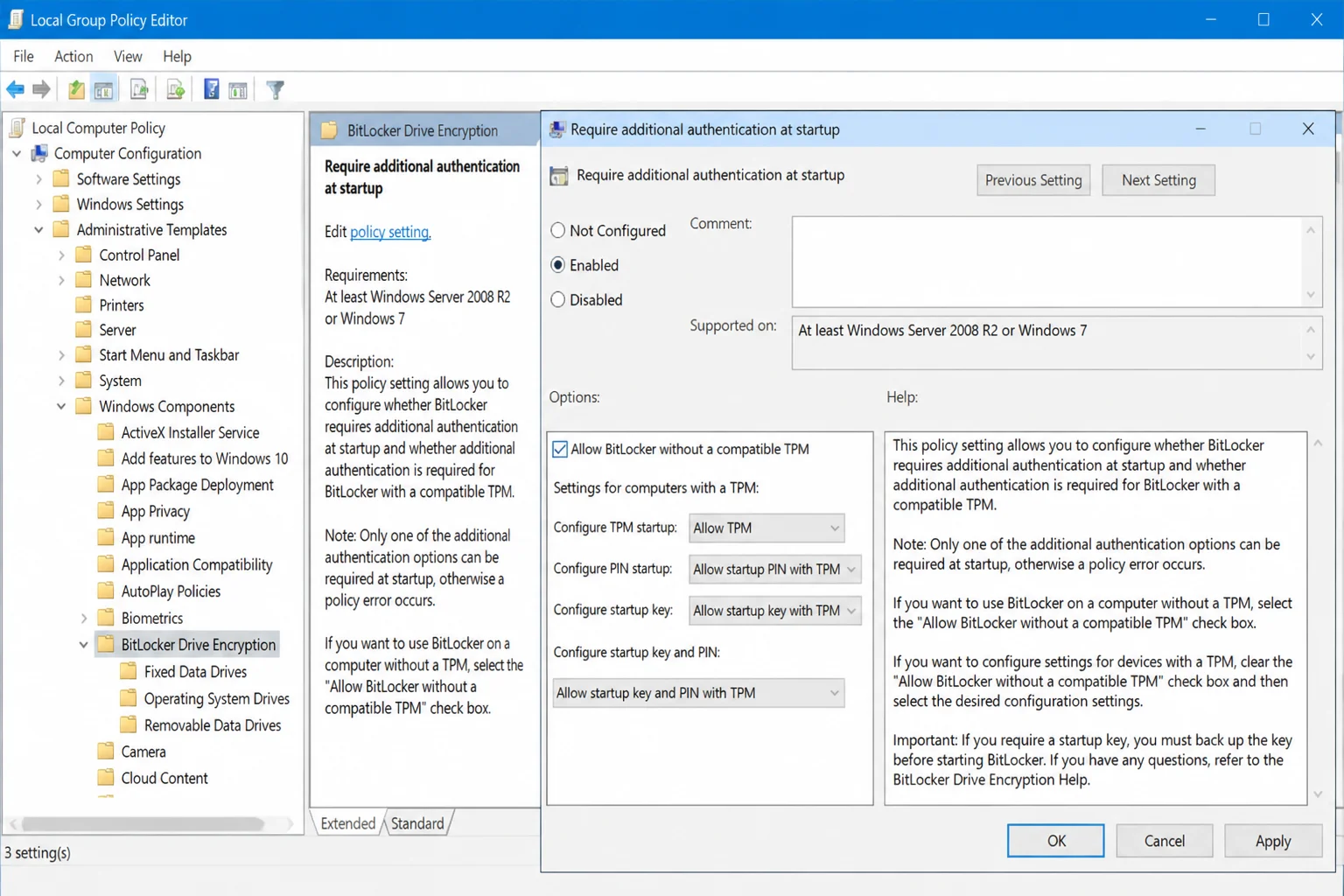 Require additional authentication at startup policy dialog with Enabled selected and the "Allow BitLocker without a compatible TPM" checkbox checked under Options