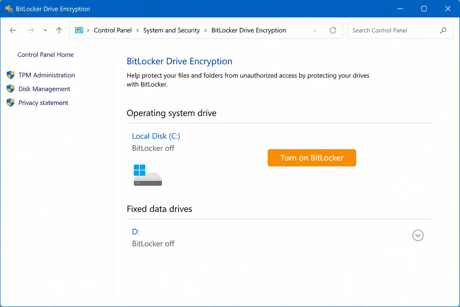 Control Panel > System and Security > BitLocker Drive Encryption page showing the C: drive with a "Turn on BitLocker" link