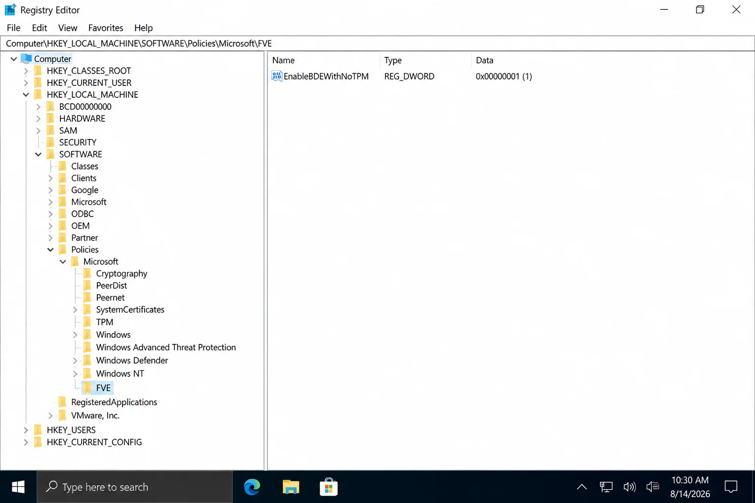 Registry Editor showing the path HKEY_LOCAL_MACHINE\SOFTWARE\Policies\Microsoft\FVE with the EnableBDEWithNoTPM DWORD value set to 1 in the right pane