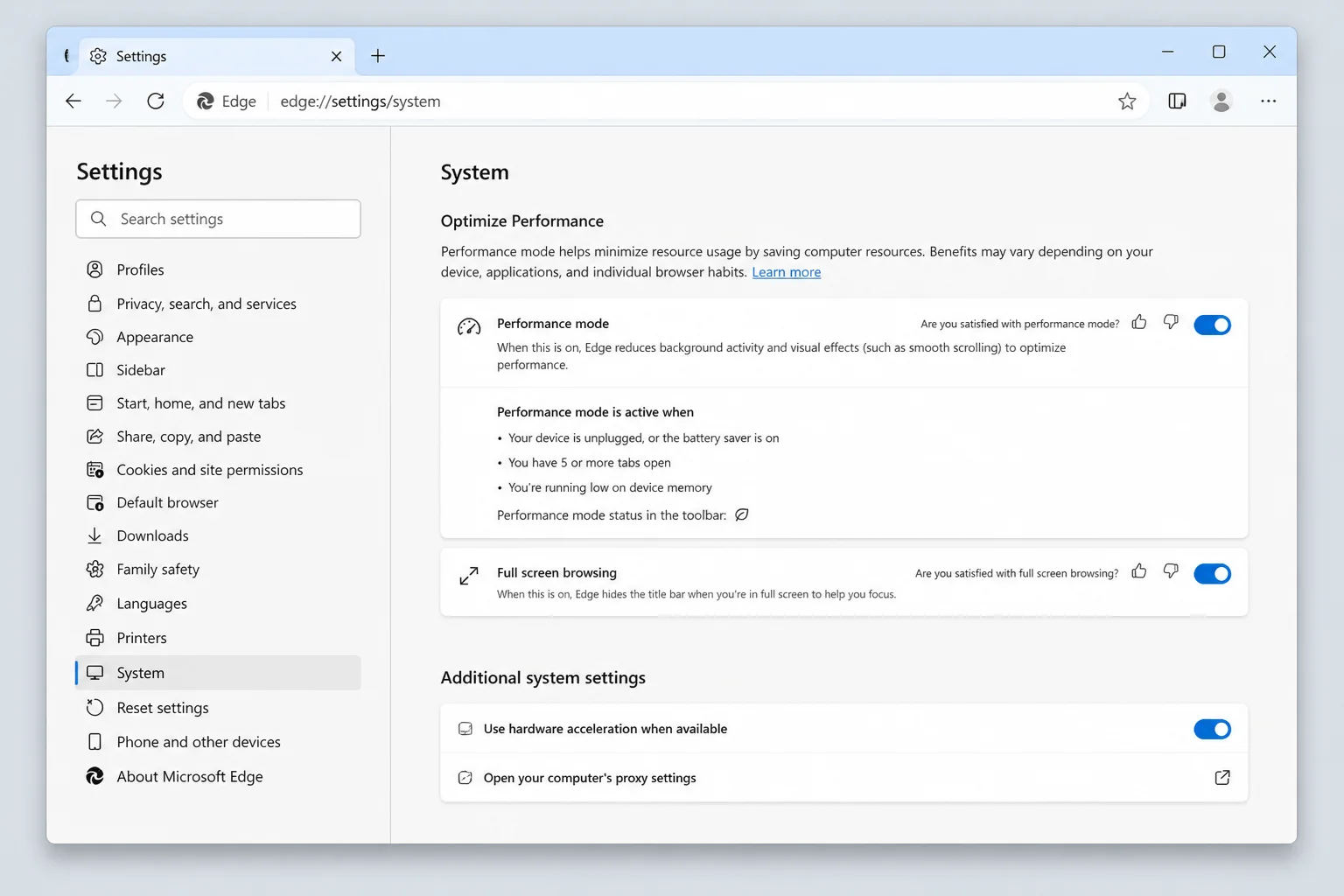 Edge System and performance settings with Manage printers highlighted if present