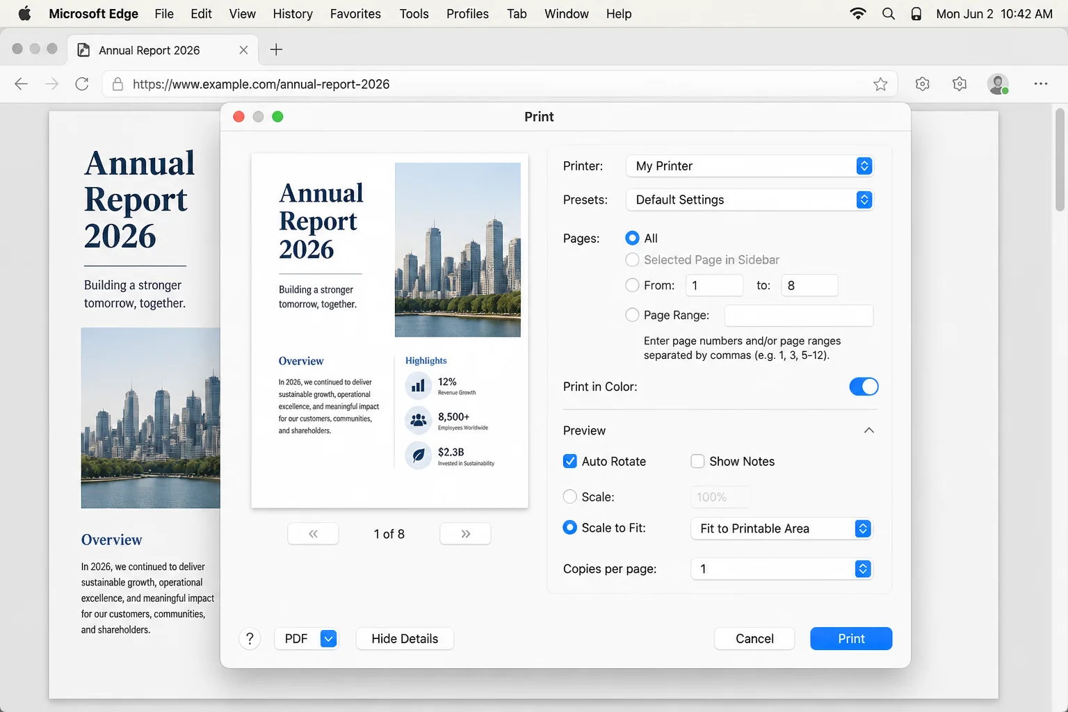 macOS print interface opened from Edge with the destination printer selection and Print control highlighted